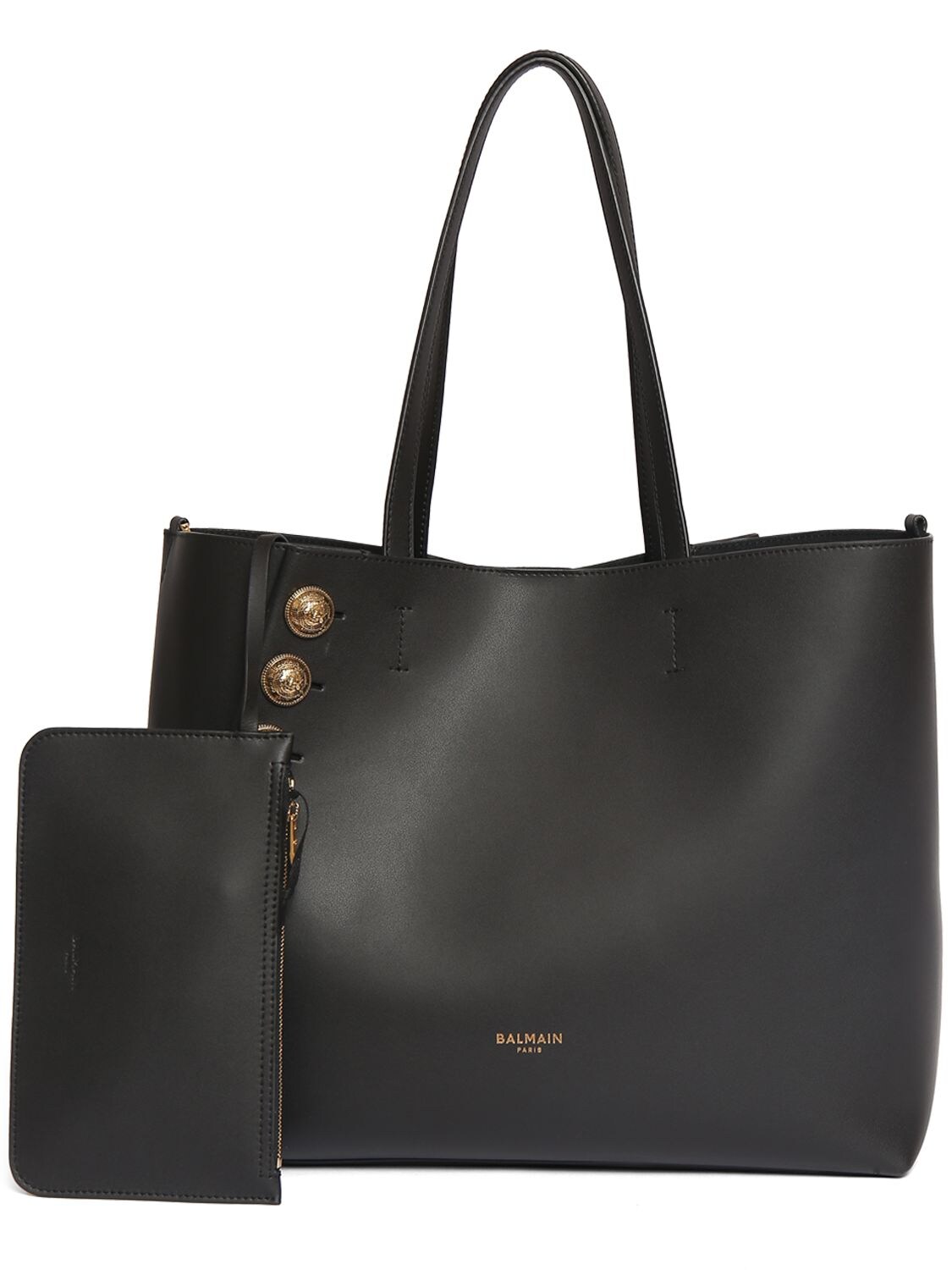 Shop Balmain Embleme Leather Tote Bag With Zip Pouch In 0pa Noir