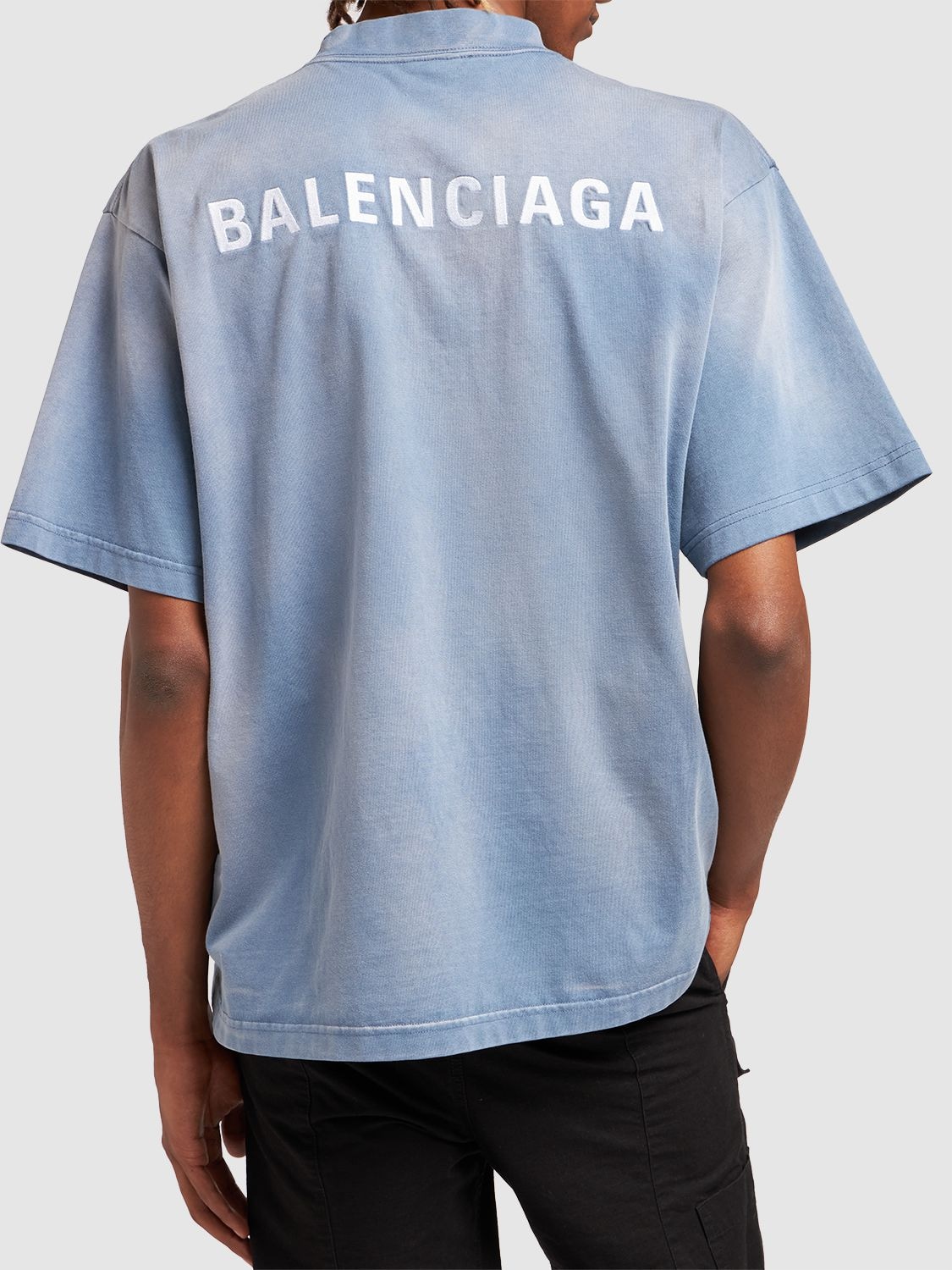 Shop Balenciaga Embroidered Cotton Jersey T-shirt In Washed Blue