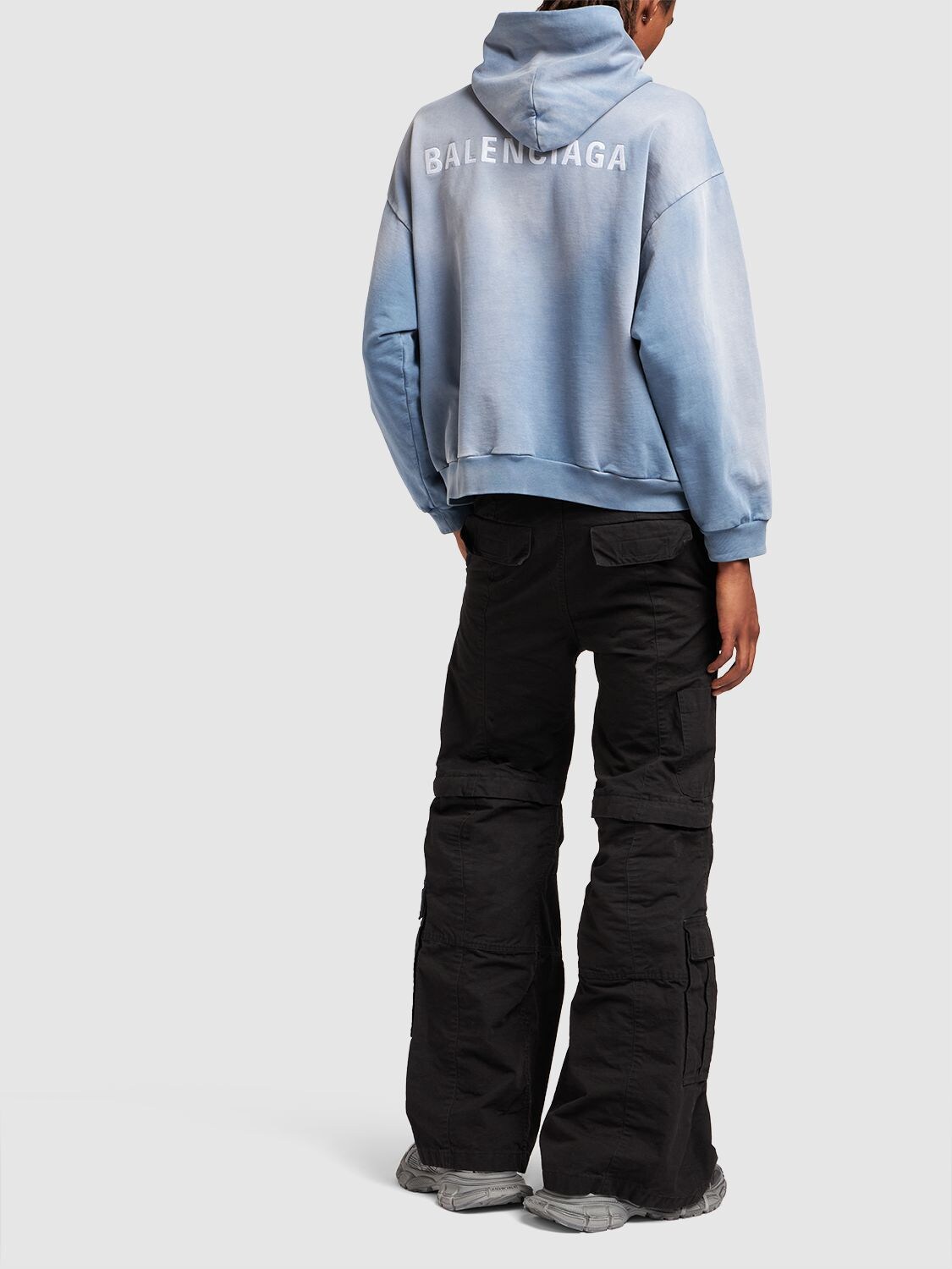 Shop Balenciaga Embroidered Cotton Jersey Hoodie In Washed Blue