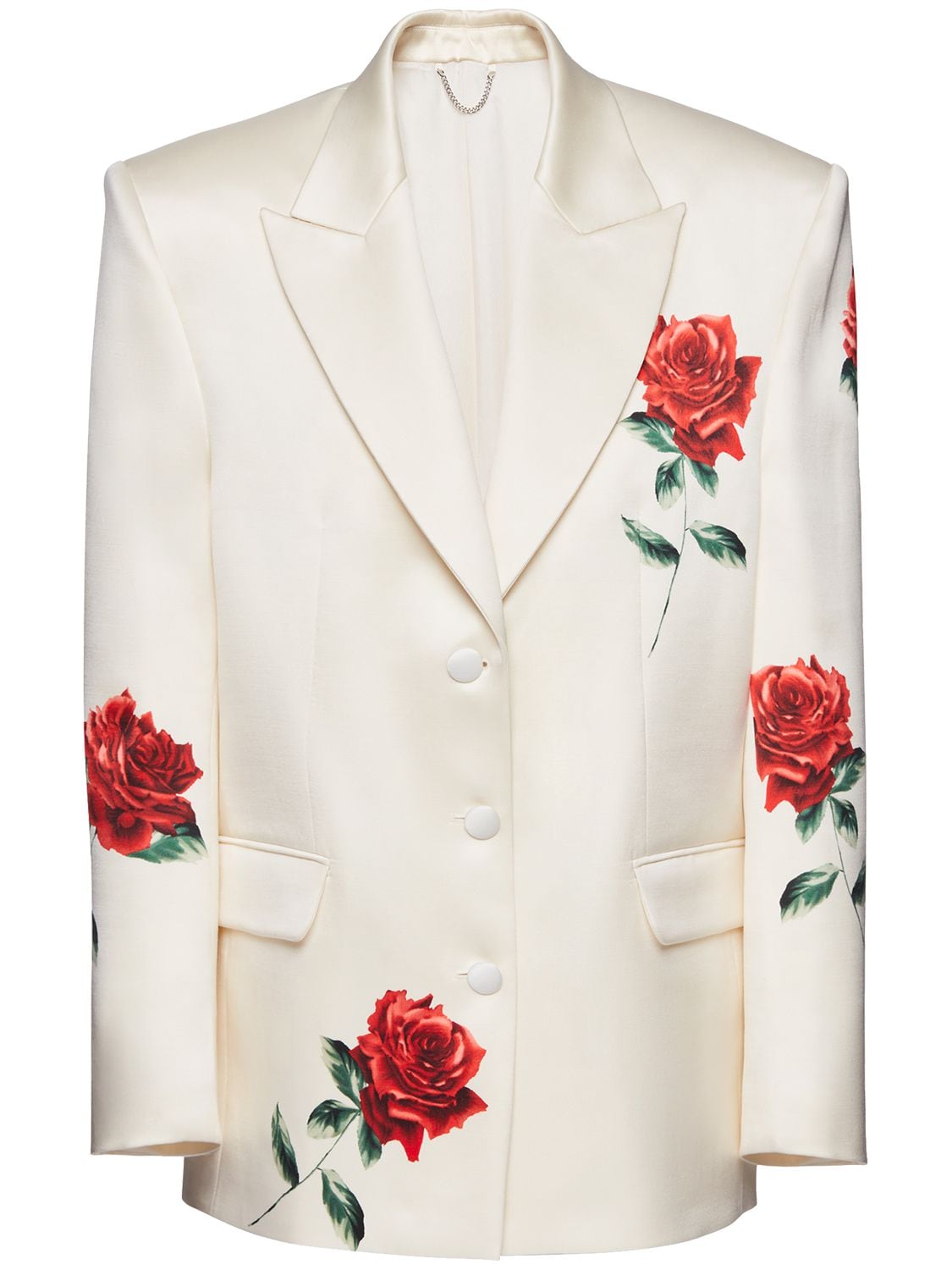 Shop Magda Butrym Rose Printed Silk Blend Satin Blazer In White