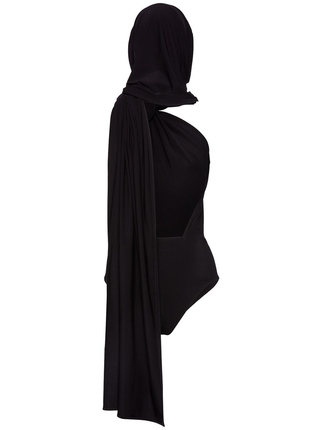 Shop Magda Butrym Draped Jersey Bodysuit W/hood In Black