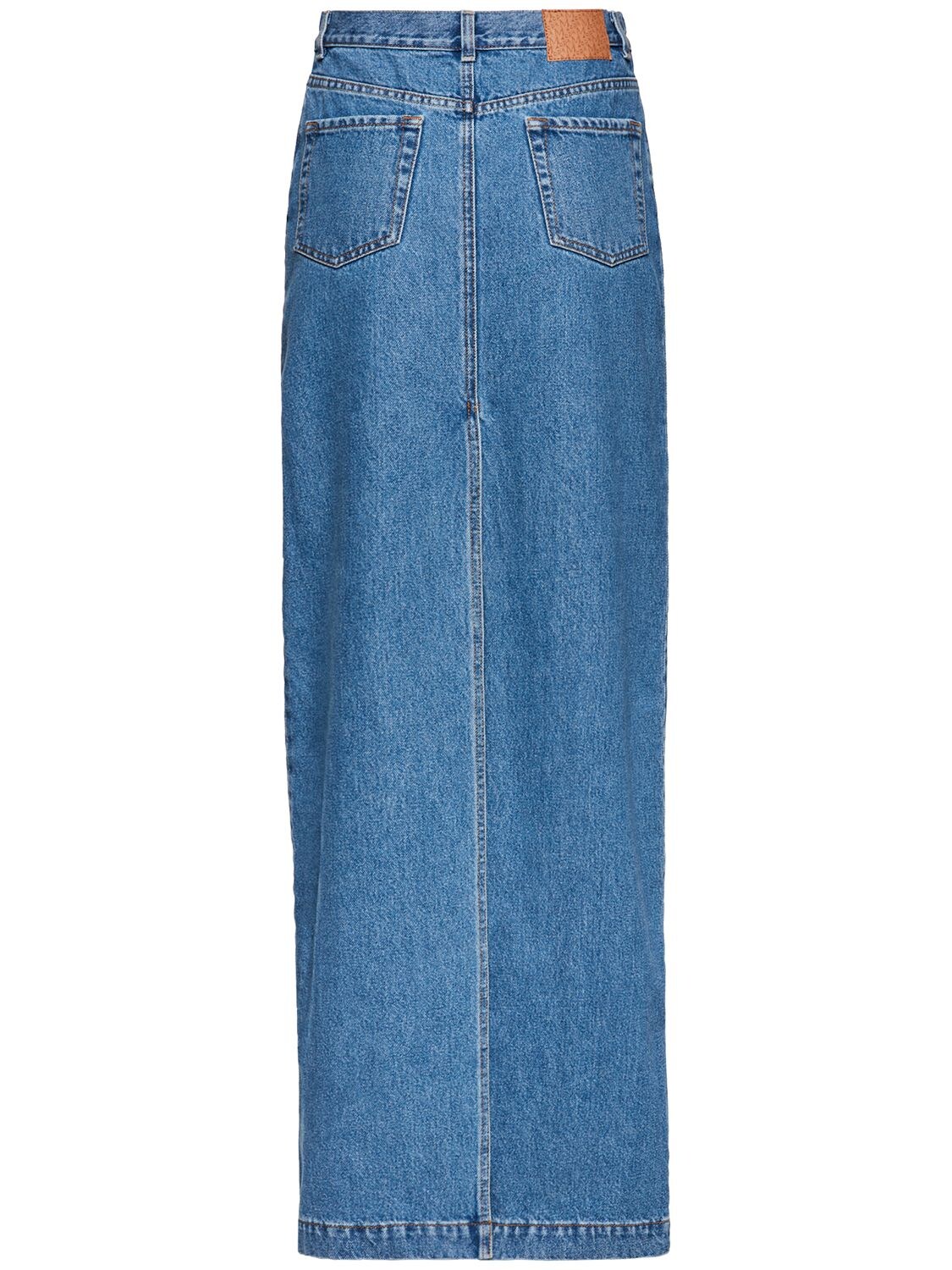 Shop Magda Butrym High Rise Cotton Denim Long Skirt In Blue