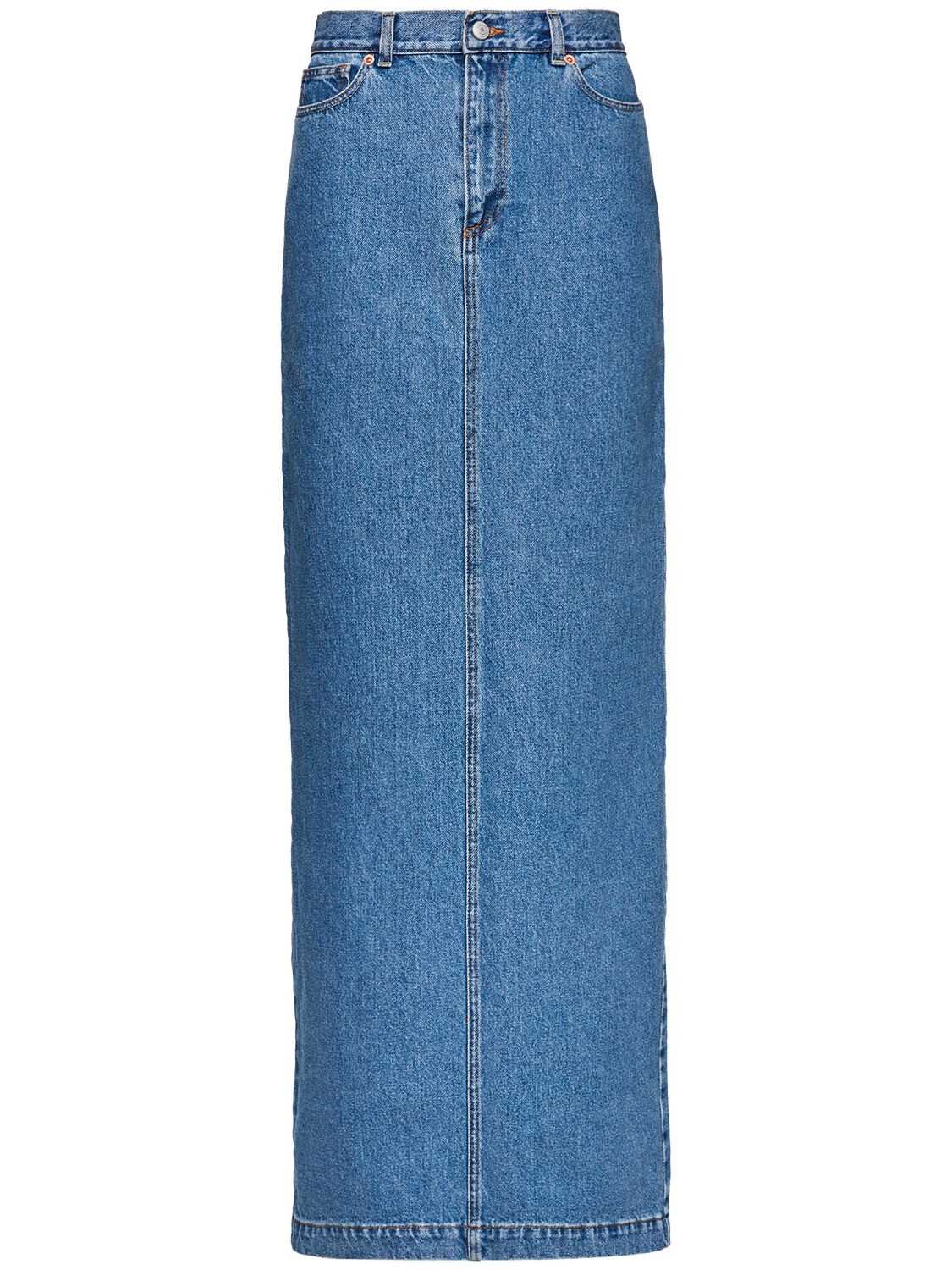 Shop Magda Butrym High Rise Cotton Denim Long Skirt In Blue