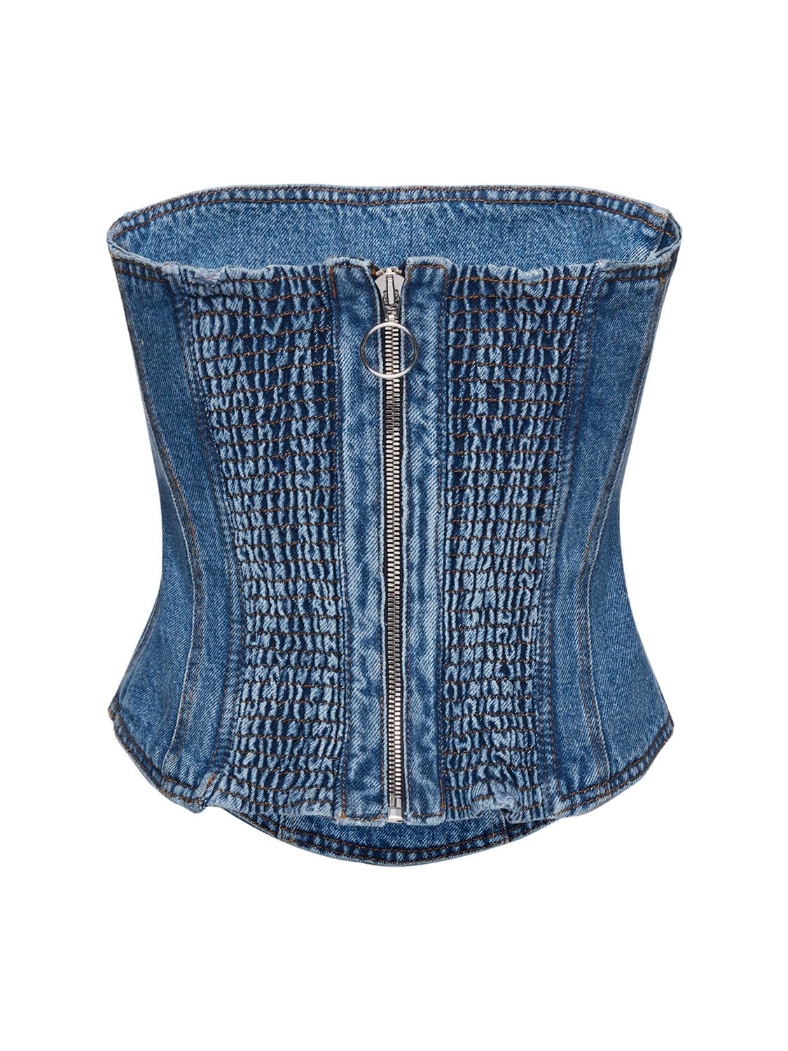 Shop Magda Butrym Strapless Cotton Denim Corset Top In Blue