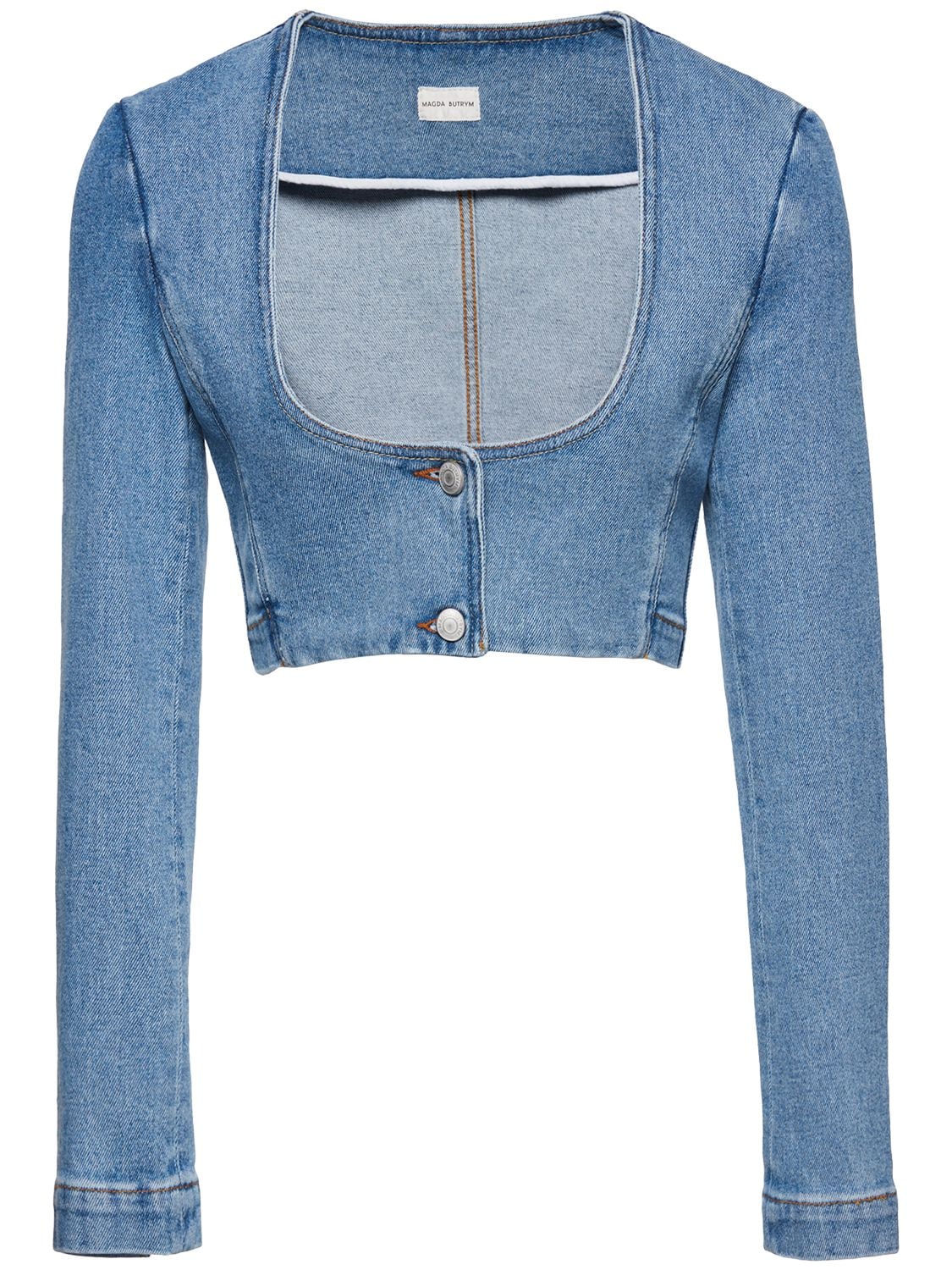 Shop Magda Butrym Scoop Neck Cotton Denim Crop Jacket In Blue