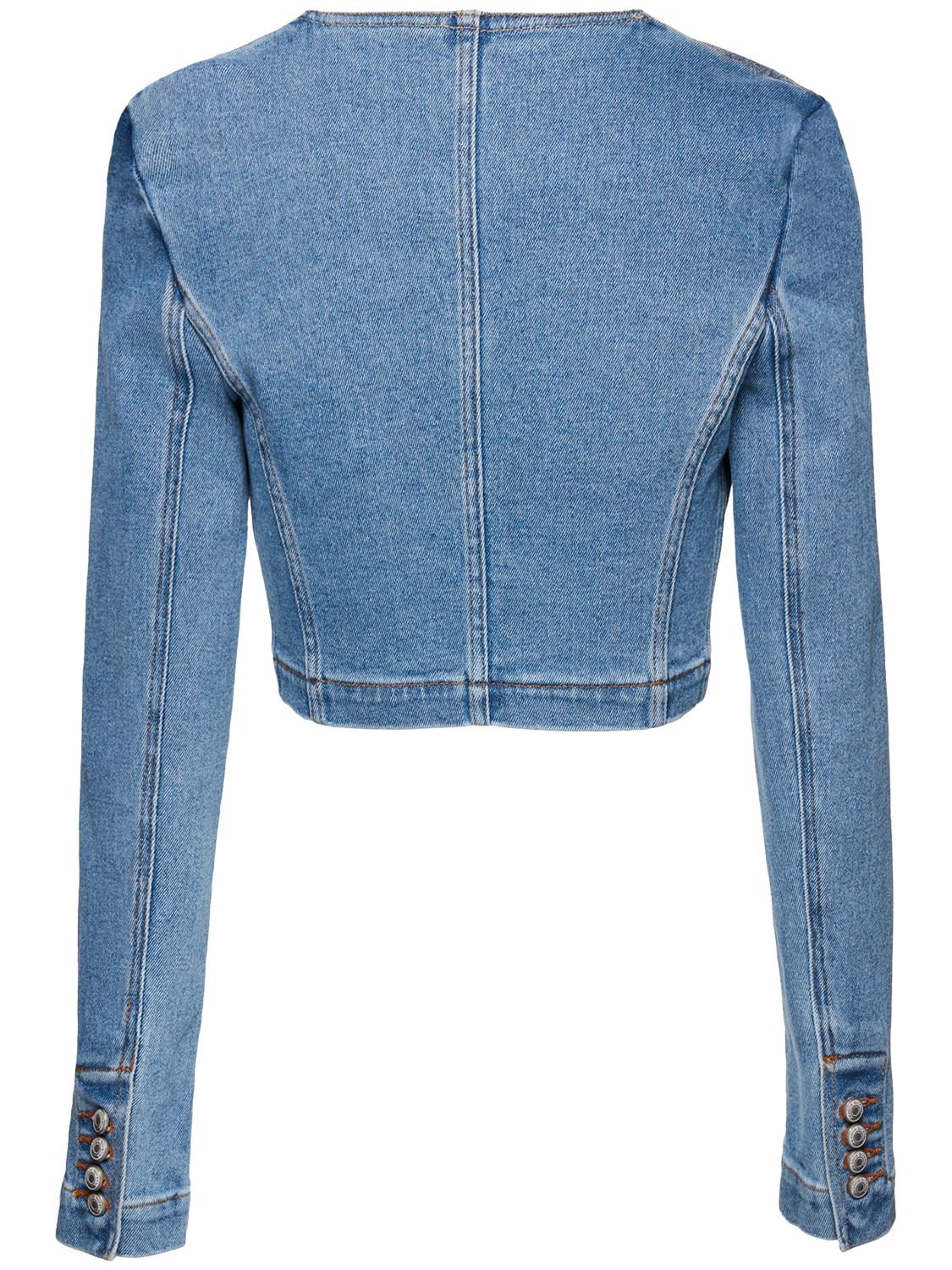 Shop Magda Butrym Scoop Neck Cotton Denim Crop Jacket In Blue