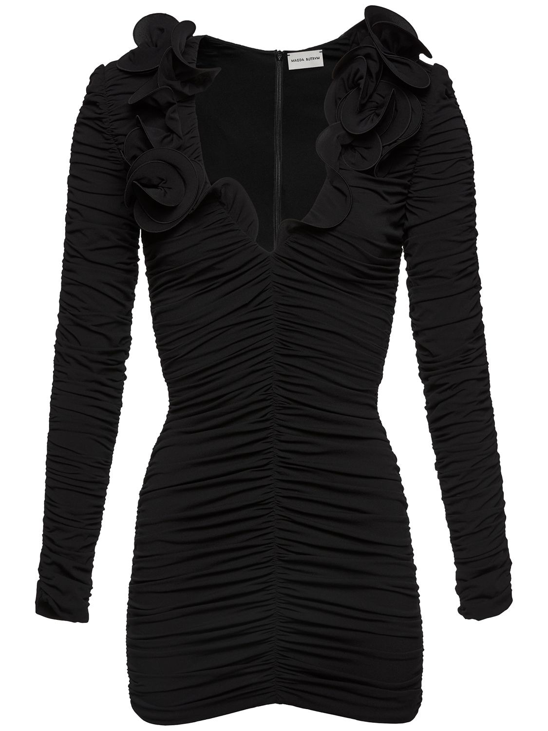 Magda Butrym V-neck Ruched Jersey Mini Dress W/roses In Black