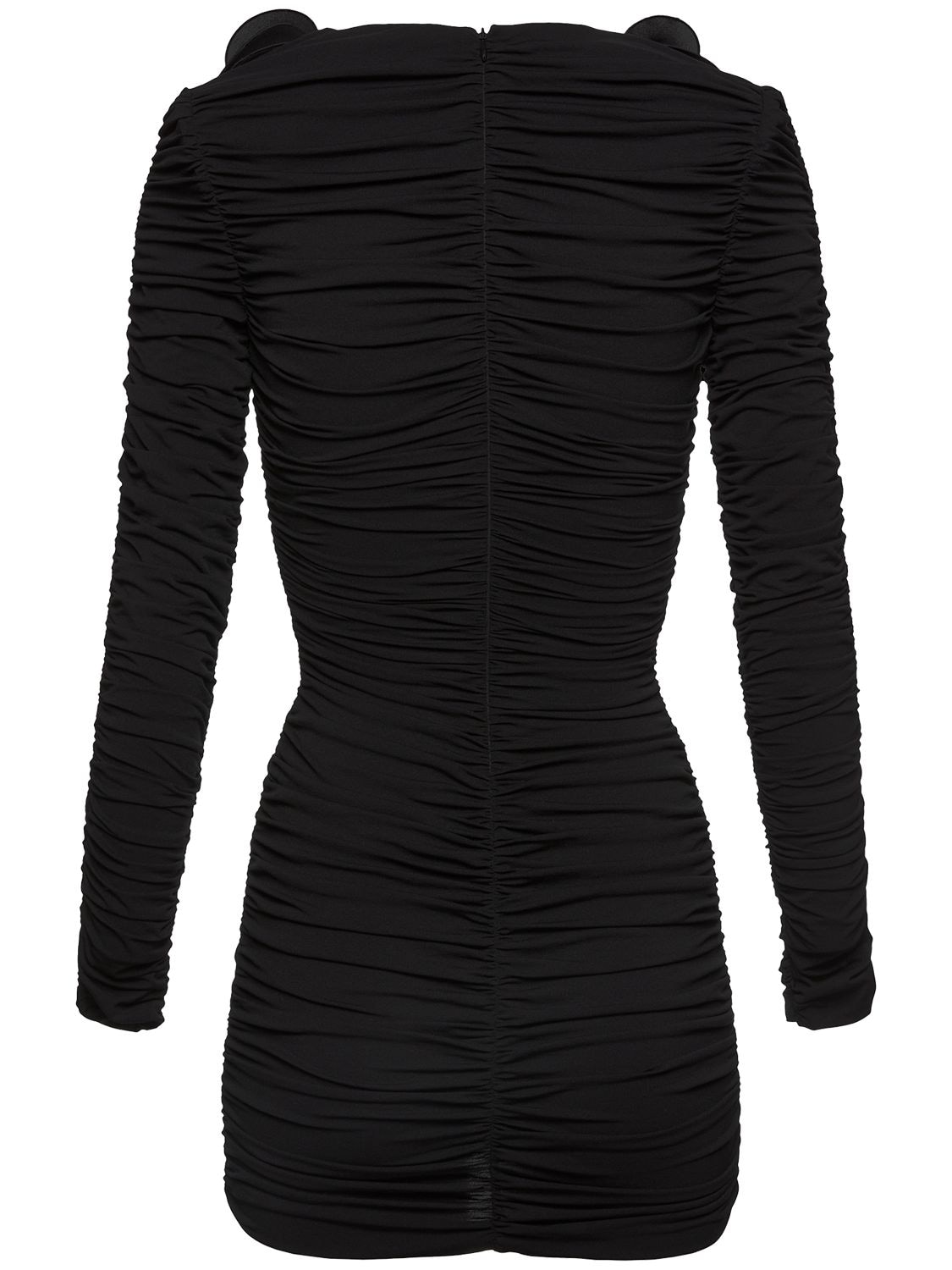 Shop Magda Butrym V-neck Ruched Jersey Mini Dress W/roses In Black