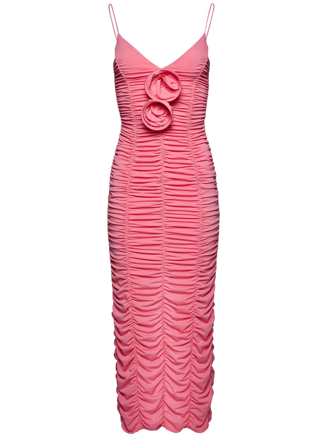 Magda Butrym Ruched Jersey Midi Dress W/roses In Pink