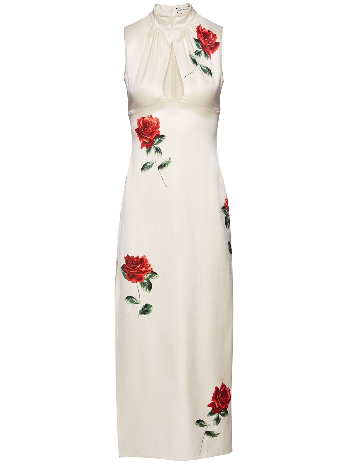Rose Printed Satin Midi Dress – WOMEN > CLOTHING > DRESSES