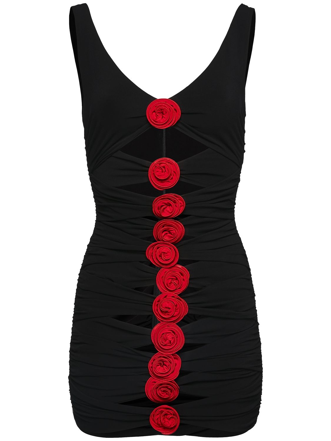 Shop Magda Butrym Ruched Jersey Mini Dress W/roses In Black