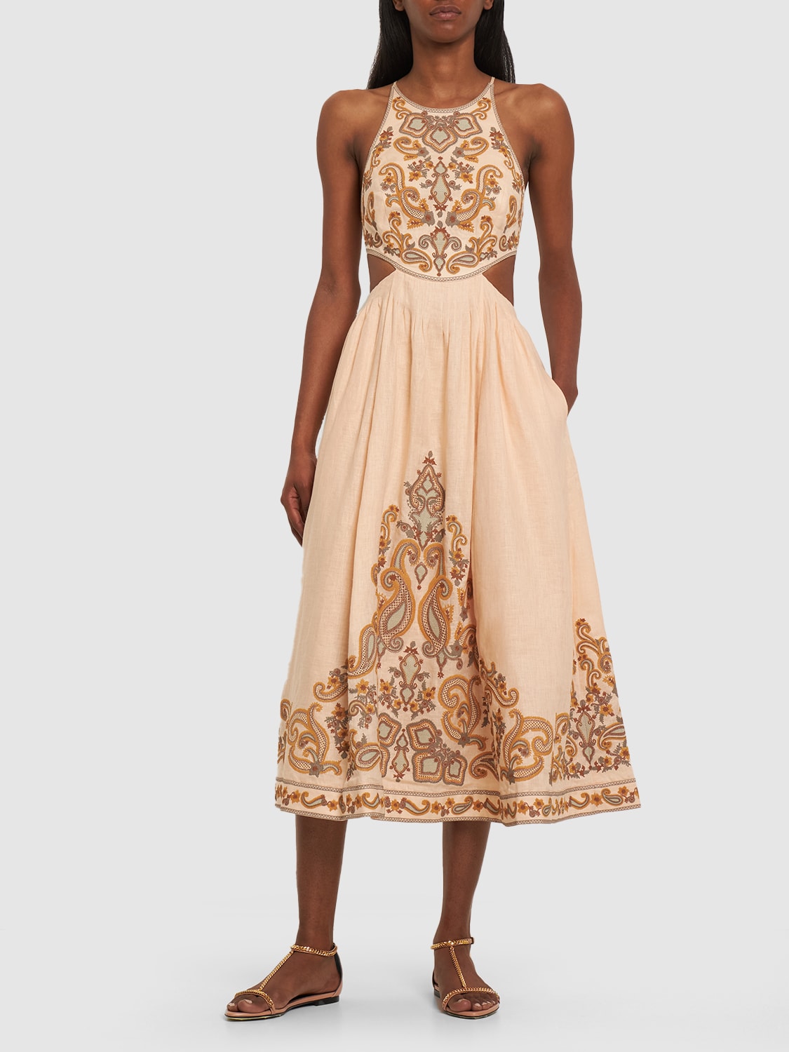 Shop Zimmermann Devi Linen Halter Neck Midi Dress In Sage,gold
