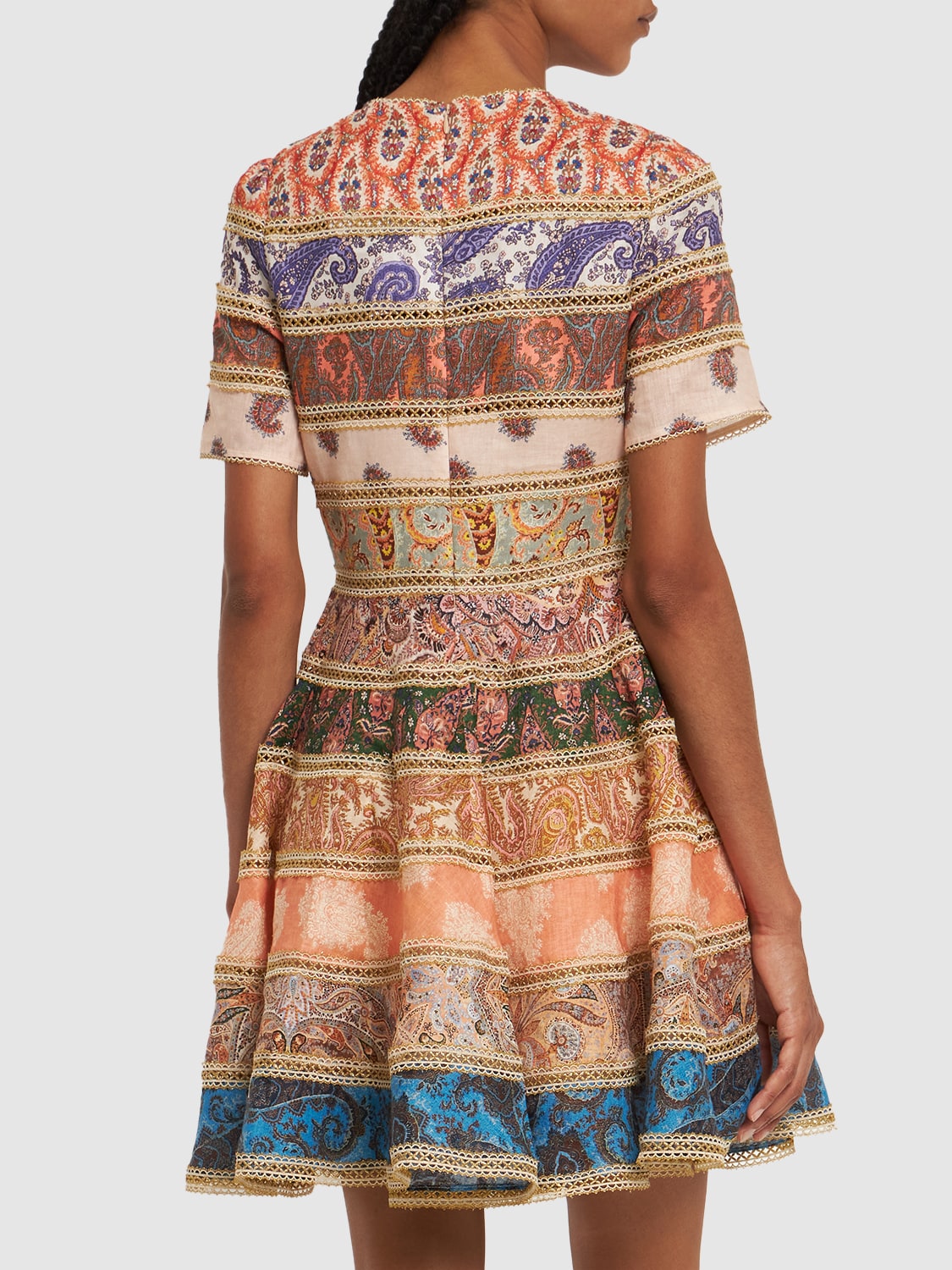 Shop Zimmermann Devi Short Sleeved Linen Mini Dress In Multicolor