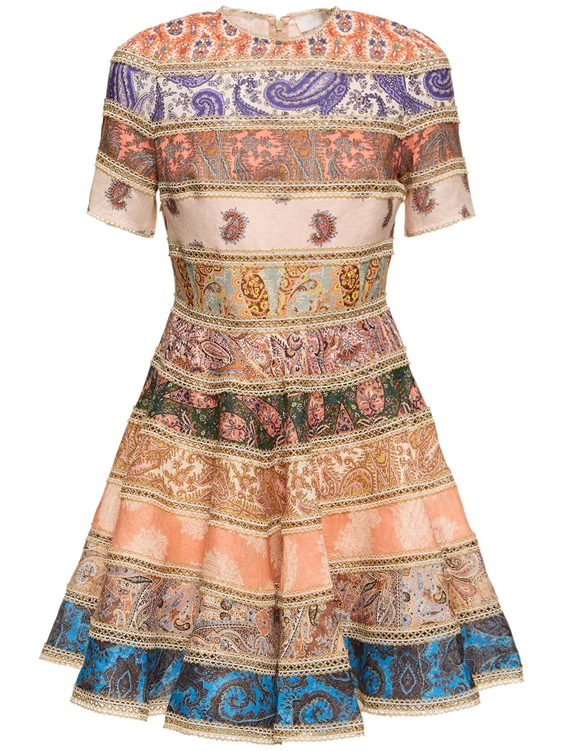Shop Zimmermann Devi Short Sleeved Linen Mini Dress In Multicolor