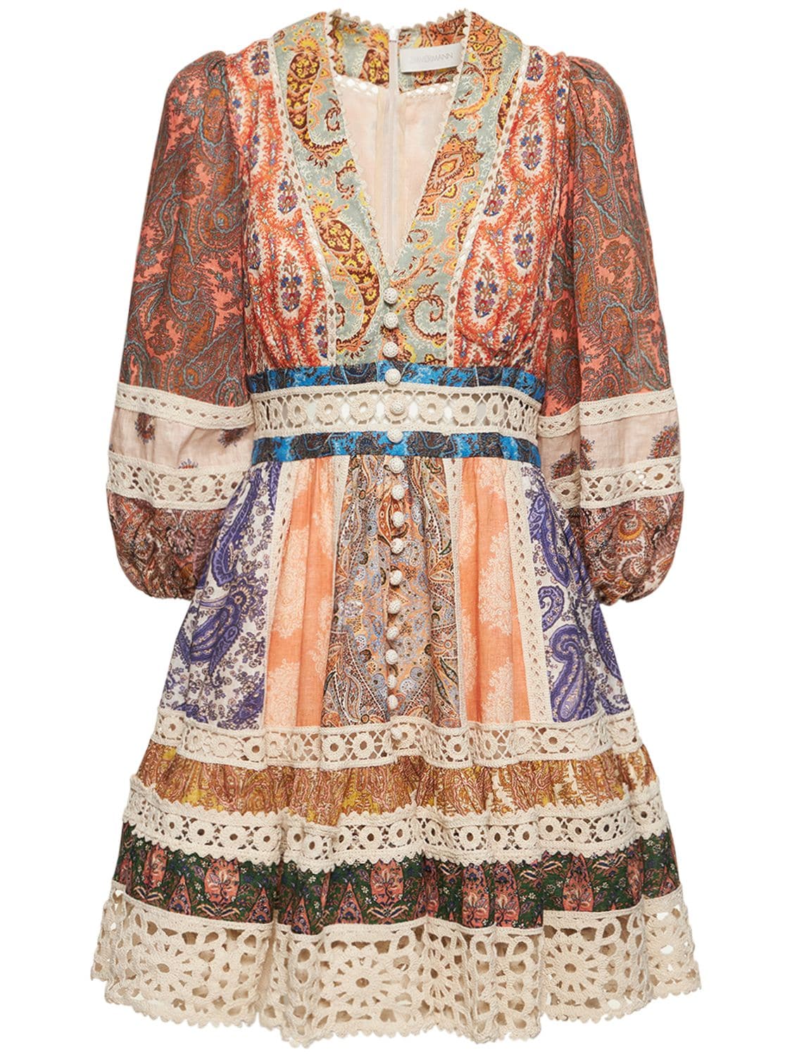 Shop Zimmermann Devi Printed Linen Mini Dress W/lace In Multicolor