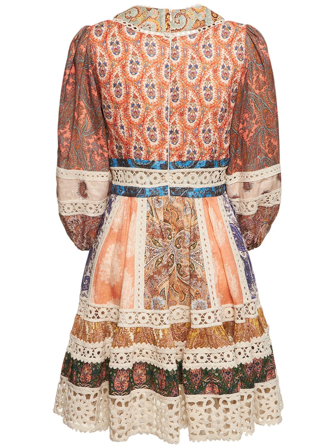 Shop Zimmermann Devi Printed Linen Mini Dress W/lace In Multicolor