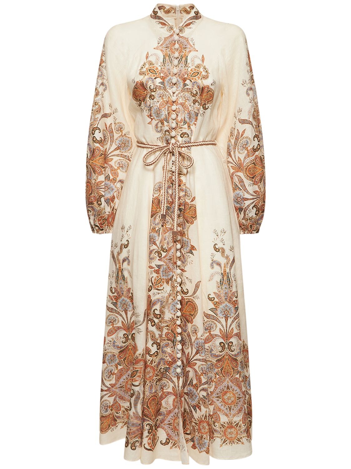 Zimmermann Devi Paisley-embroidery Belted Linen Midi Dress In
