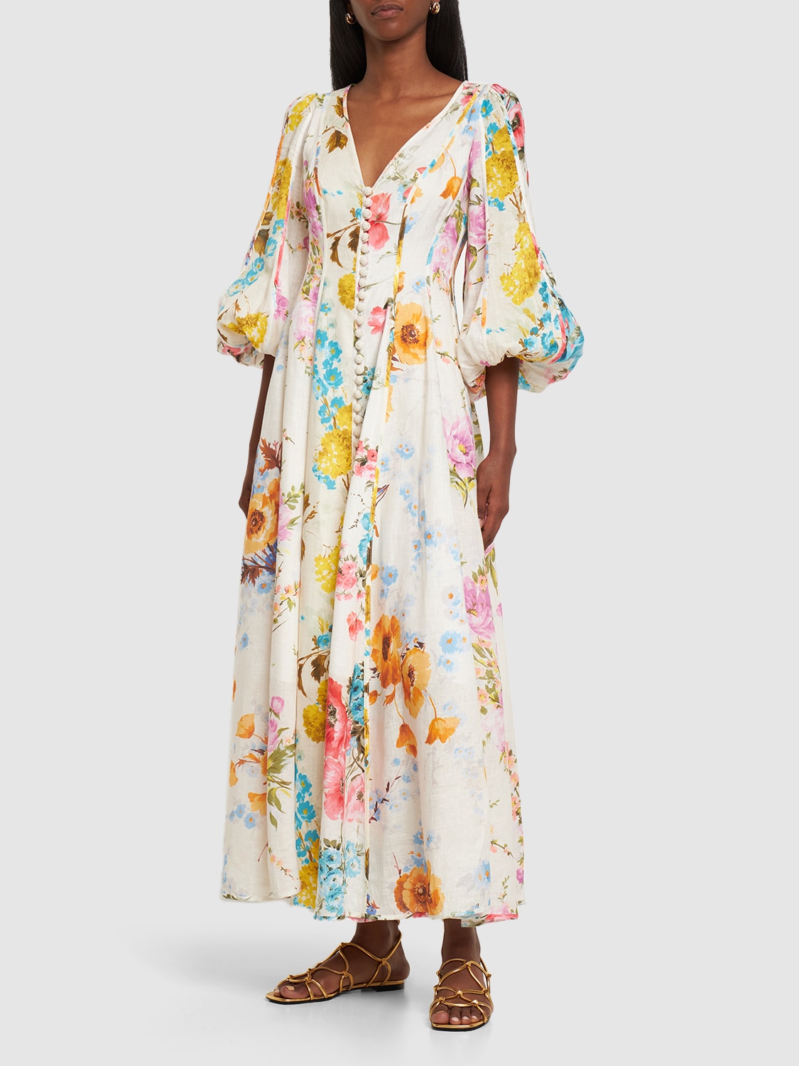 Shop Zimmermann Halcyon Floral Layered Linen Maxi Dress In Multicolor