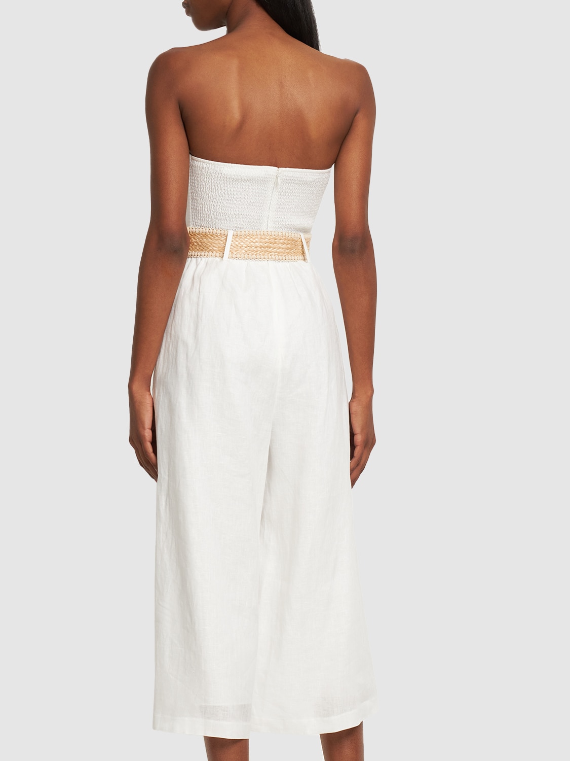 Shop Zimmermann Devi Strapless Linen Jumpsuit In Ivory