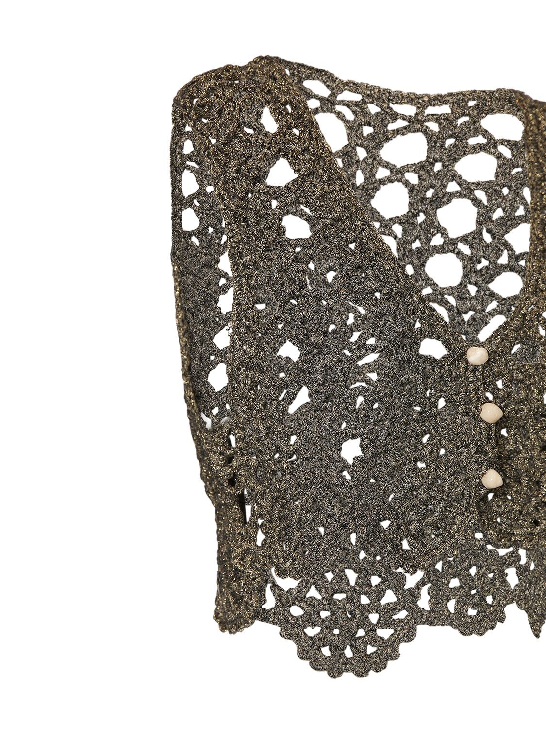 Shop Ganni Crochet V-neck Cotton Blend Top In Black,gold