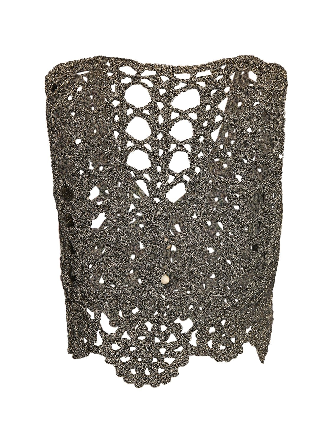 Shop Ganni Crochet V-neck Cotton Blend Top In Black,gold