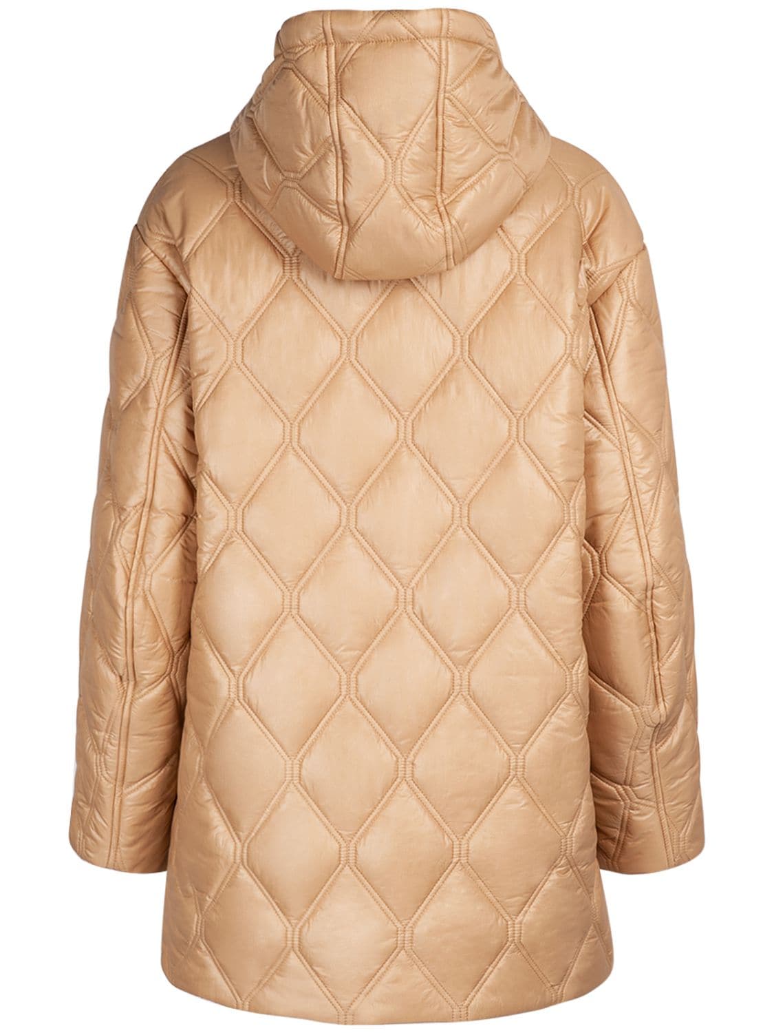 Shop Ganni Shiny Quilted Hooded Jacket In Beige