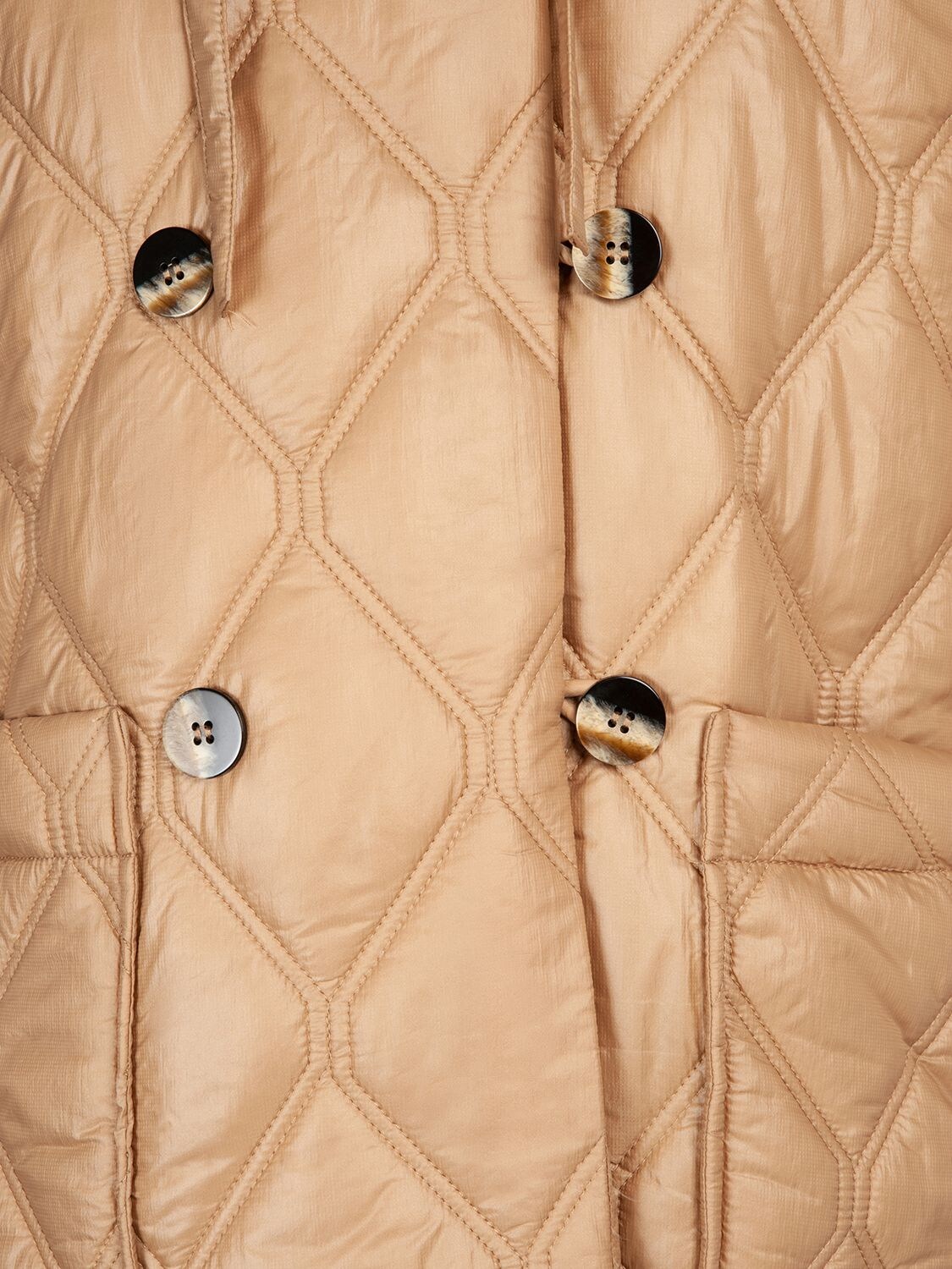 Shop Ganni Shiny Quilted Hooded Jacket In Beige
