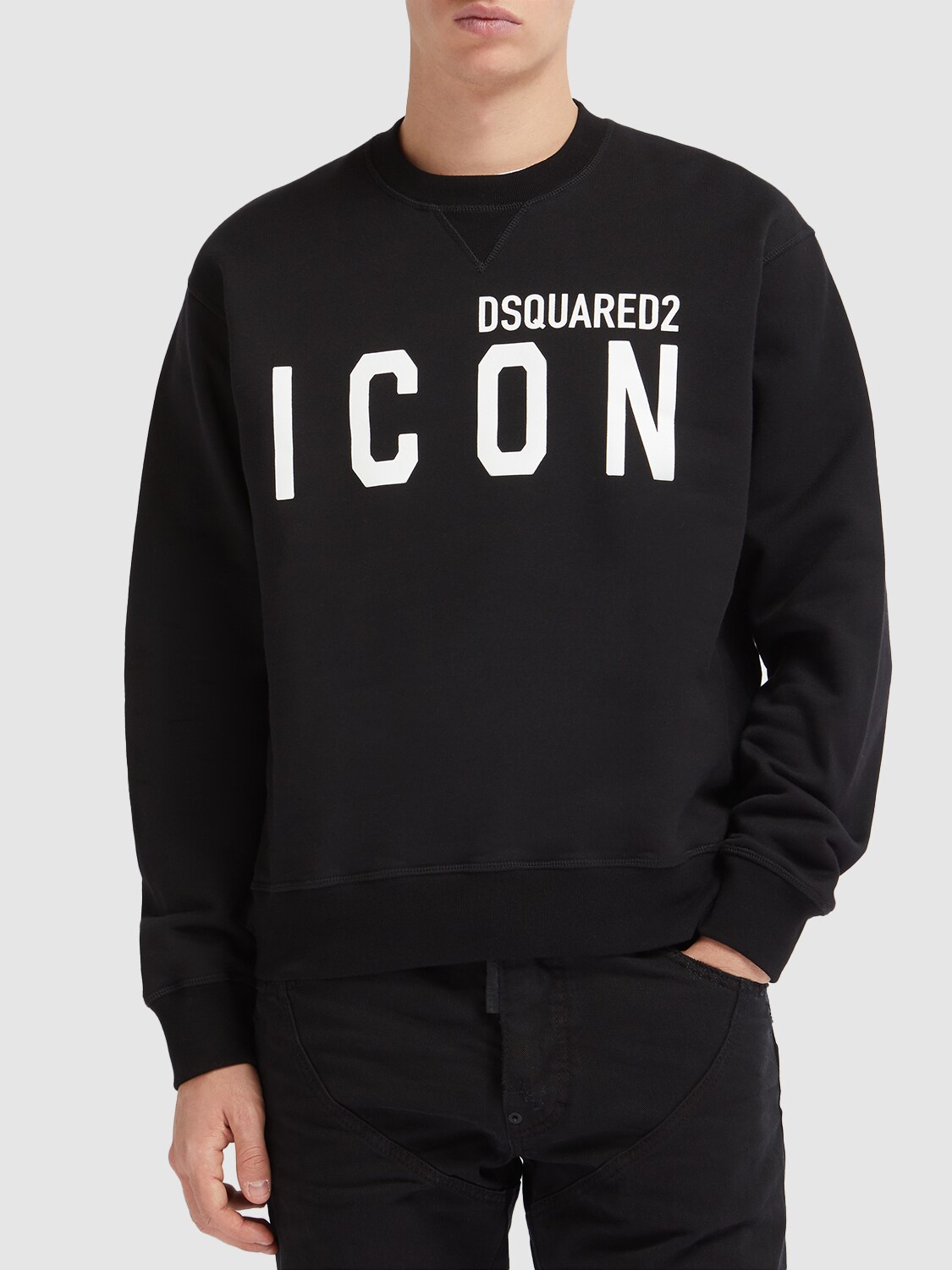 Shop Dsquared2 Printed Logo Cotton Crewneck Sweatshirt In Black,white