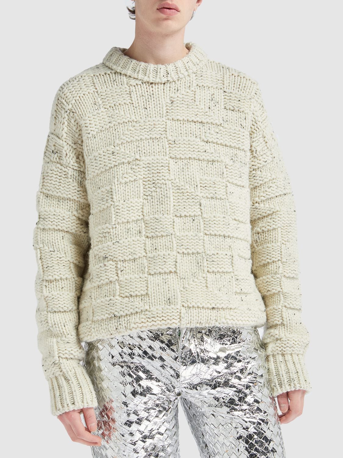 Shop Bottega Veneta Intreccio Graphic Shetland Wool Sweater In String