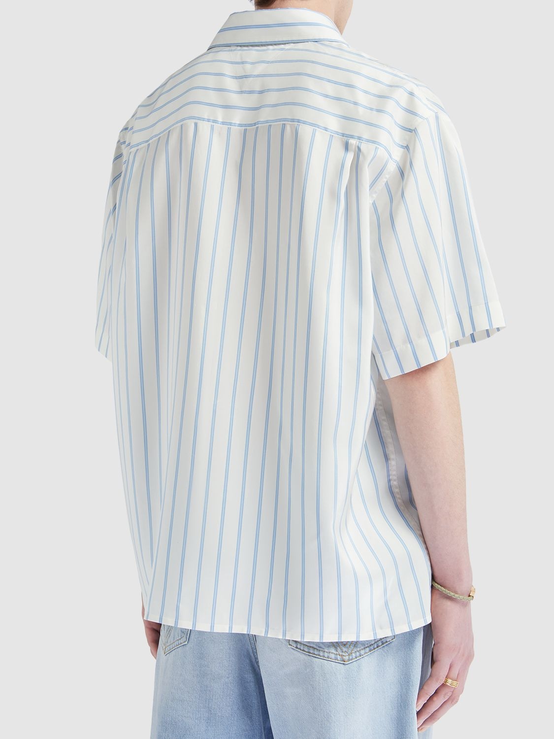 Shop Bottega Veneta Striped Silk Regular Fit S/s Shirt In Off White,blue