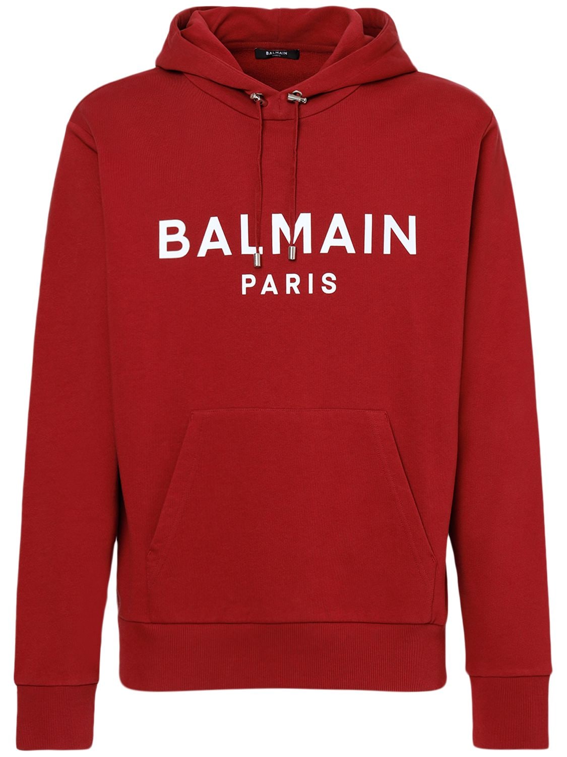 Shop Balmain Logo Printed Cotton Hoodie In Bordeaux
