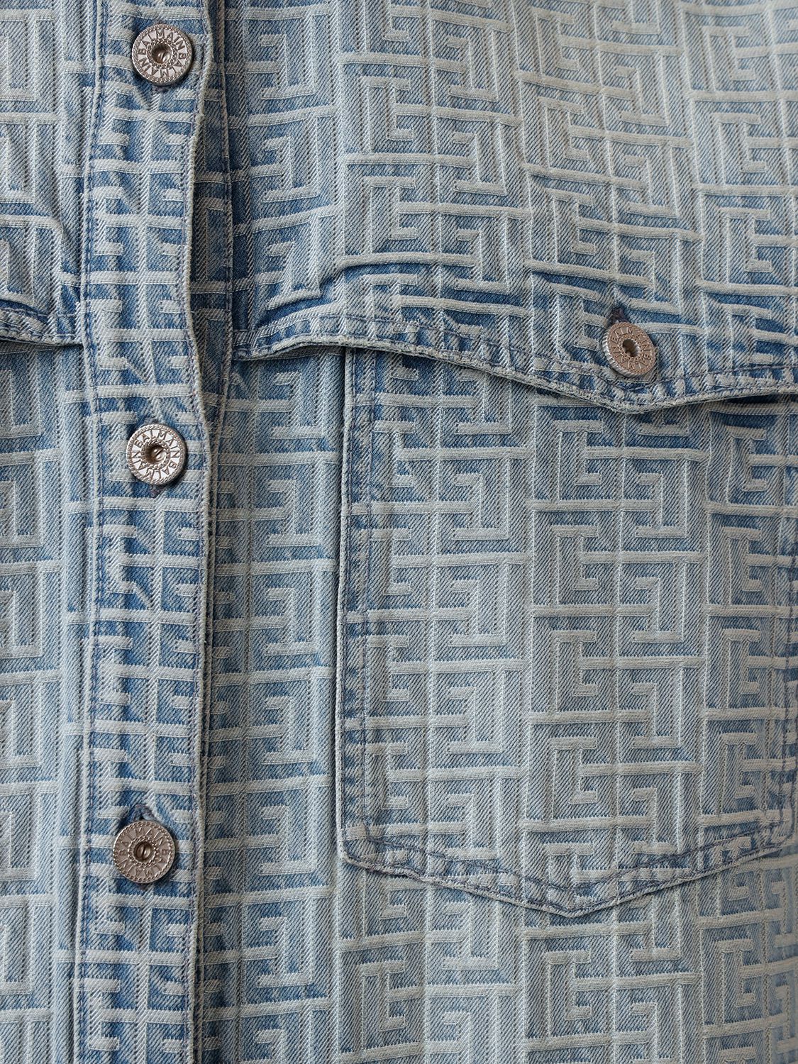 Shop Balmain Monogram Jacquard Cotton Denim Shirt In Blue