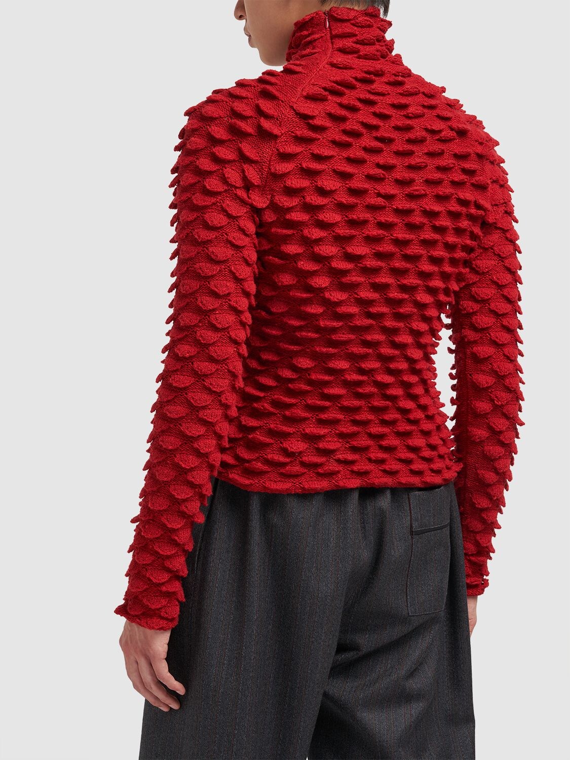Shop Bottega Veneta Fish Scales Wool Blend Knit Sweater In Scarlet