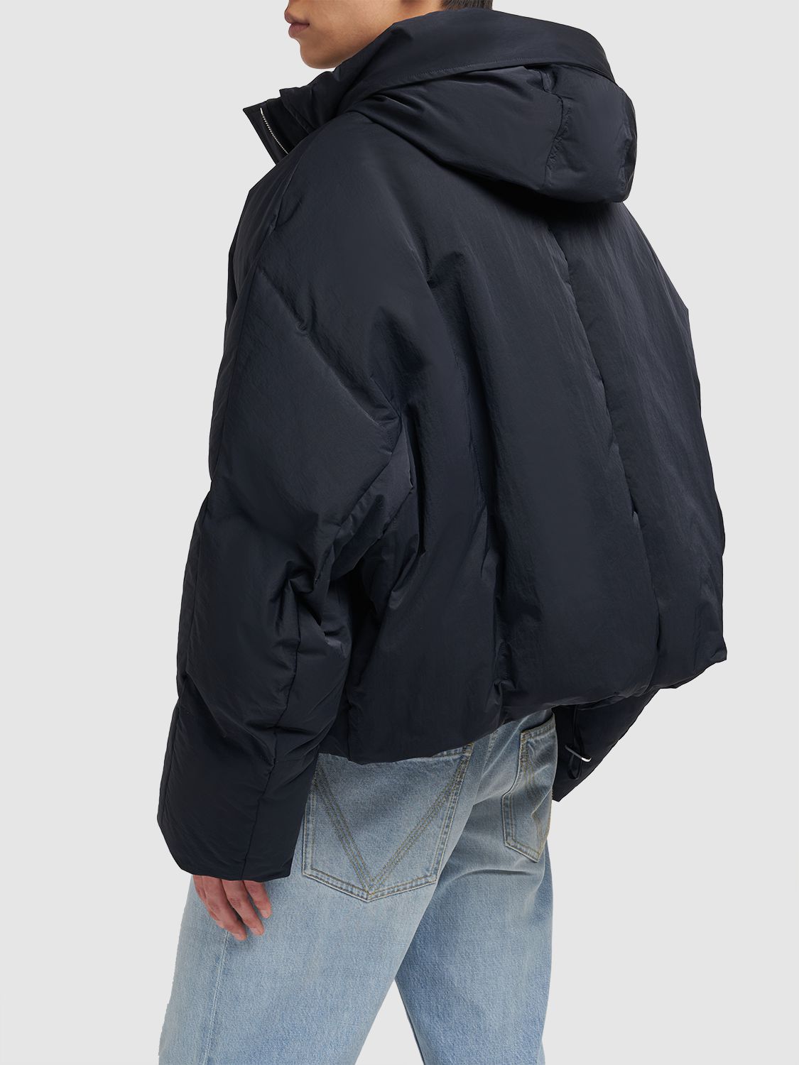 Shop Bottega Veneta Hooded Tech Nylon Puffer Jacket In Navy