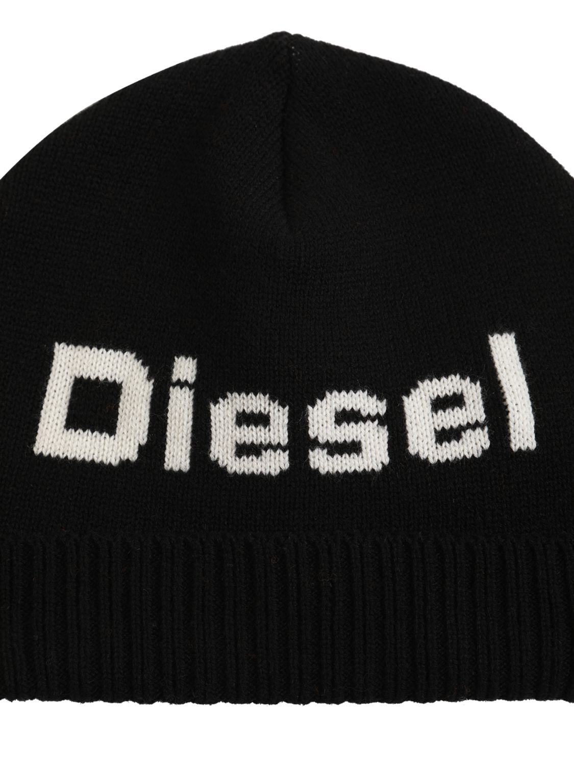 Shop Diesel Wool & Cotton Knit Beanie W/ Logo In Black