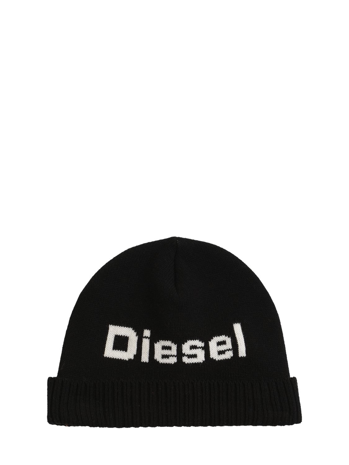 Diesel Kids' Wool & Cotton Knit Beanie W/ Logo In Black