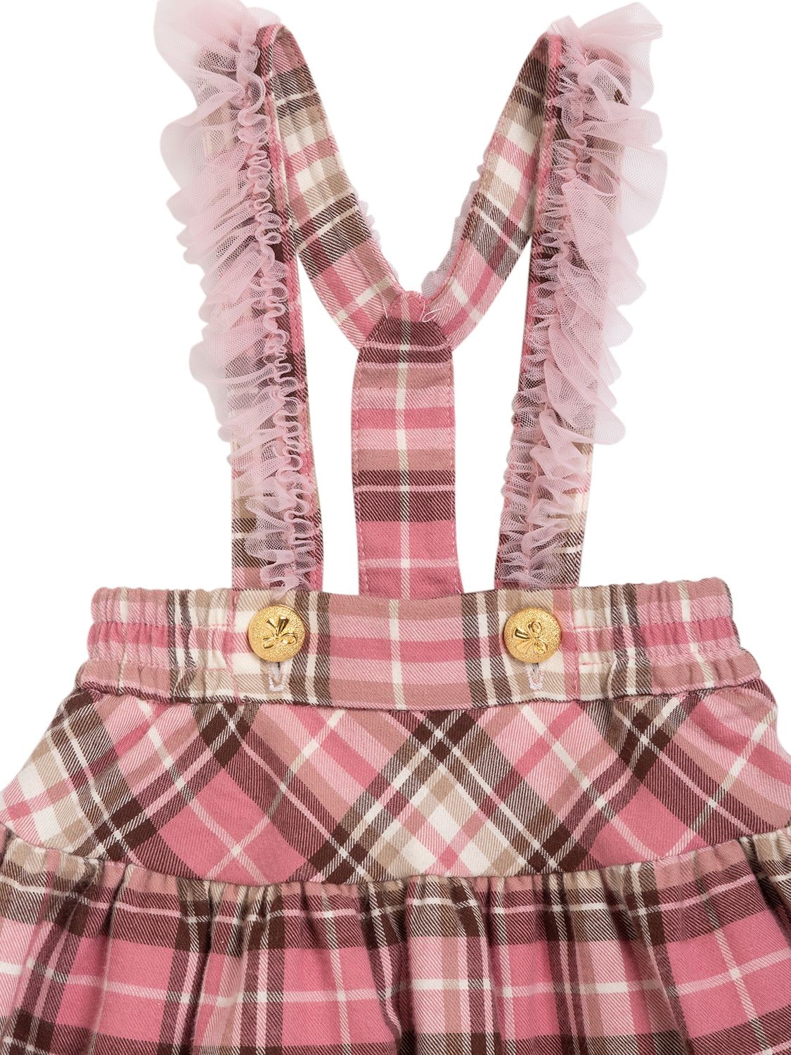 Shop Monnalisa Tartan Cotton Twill Skirt W/ Suspenders In Multicolor