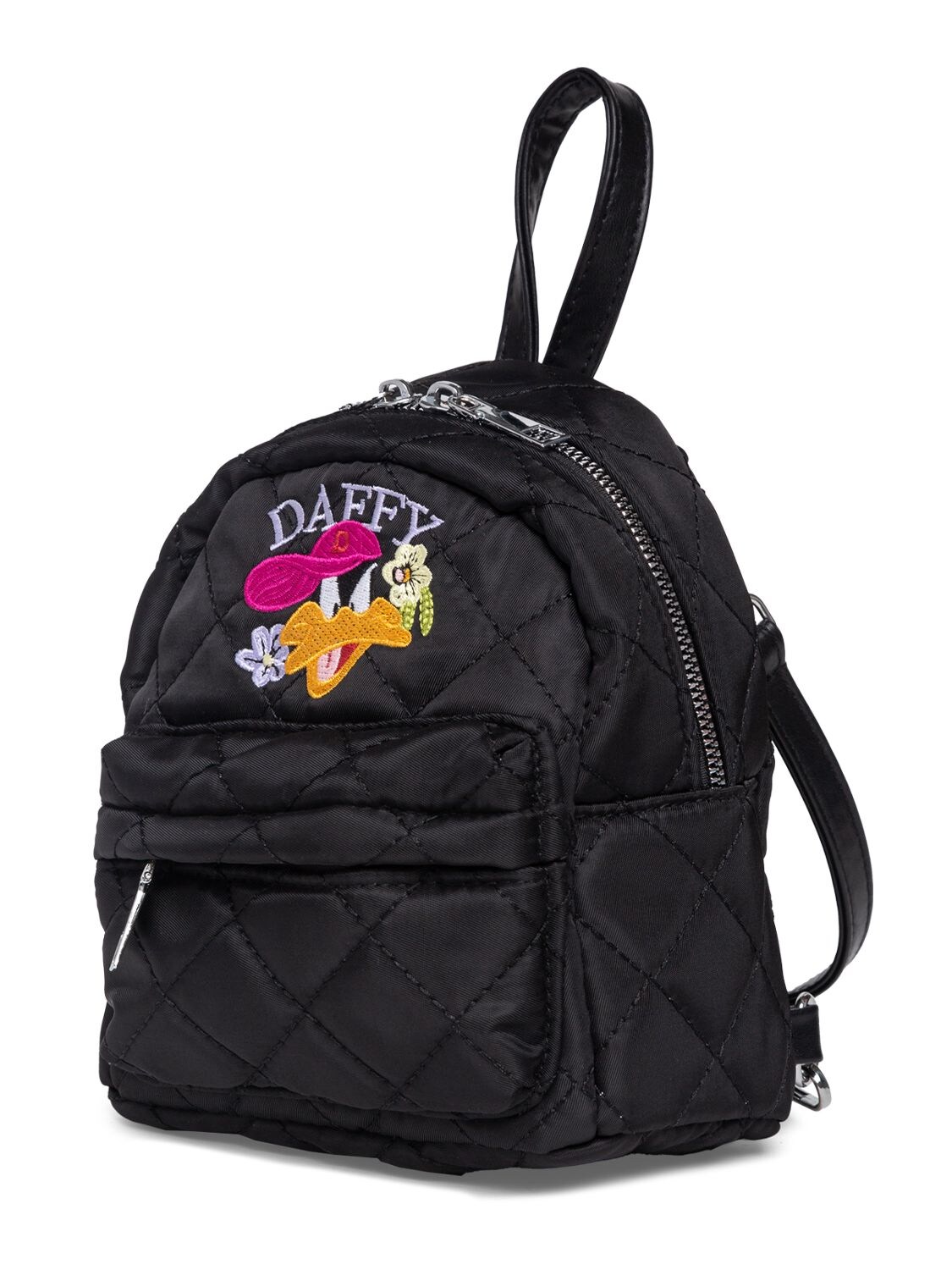 Shop Monnalisa Duffy Duck Embroidery Quilted Backpack In Black