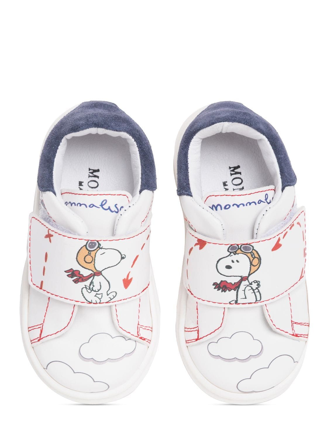 Shop Monnalisa Snoopy Print Leather Strap Sneakers In White