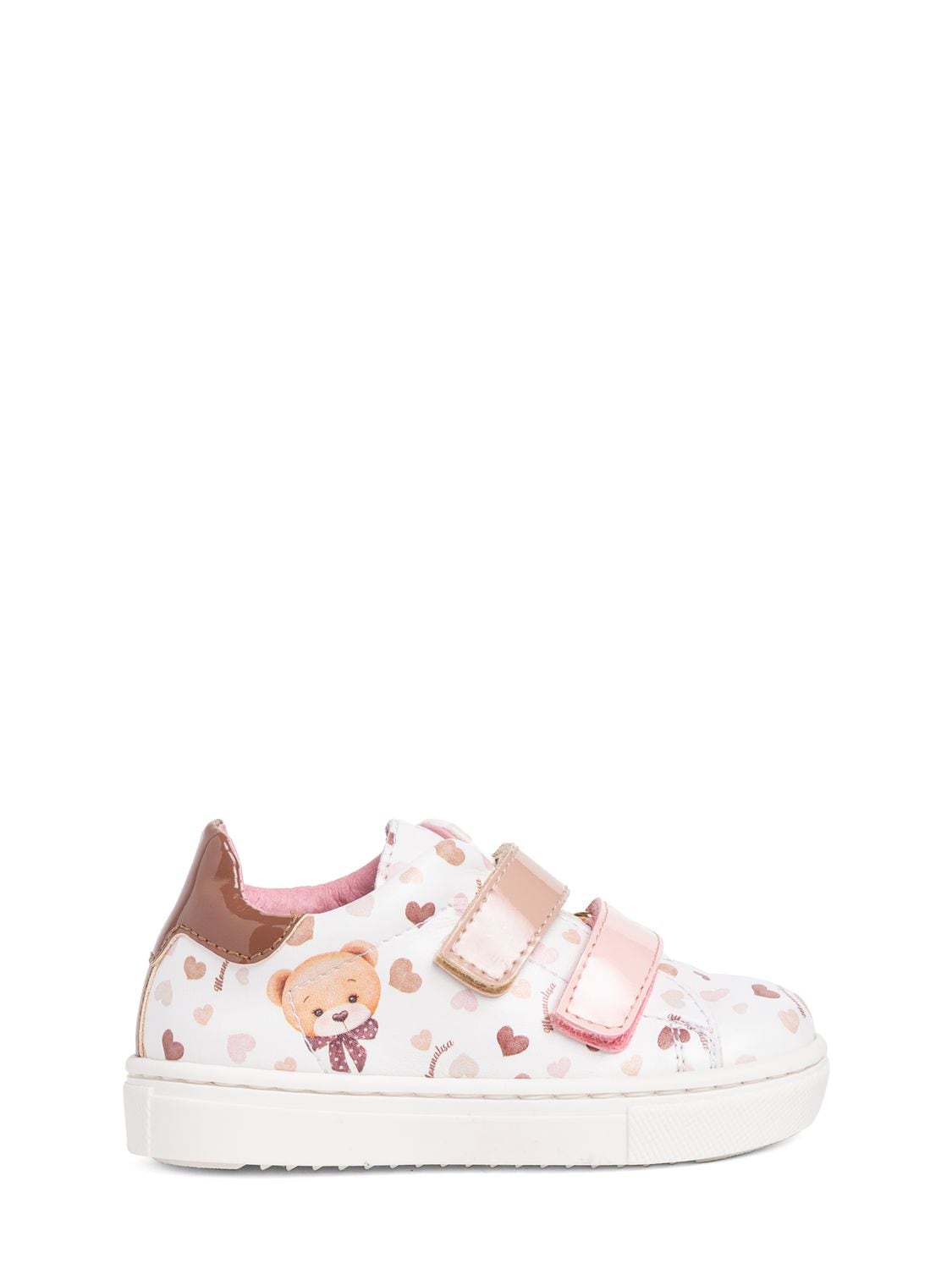 Monnalisa Kids' Bear Print Leather Strap Trainers In Multicolor