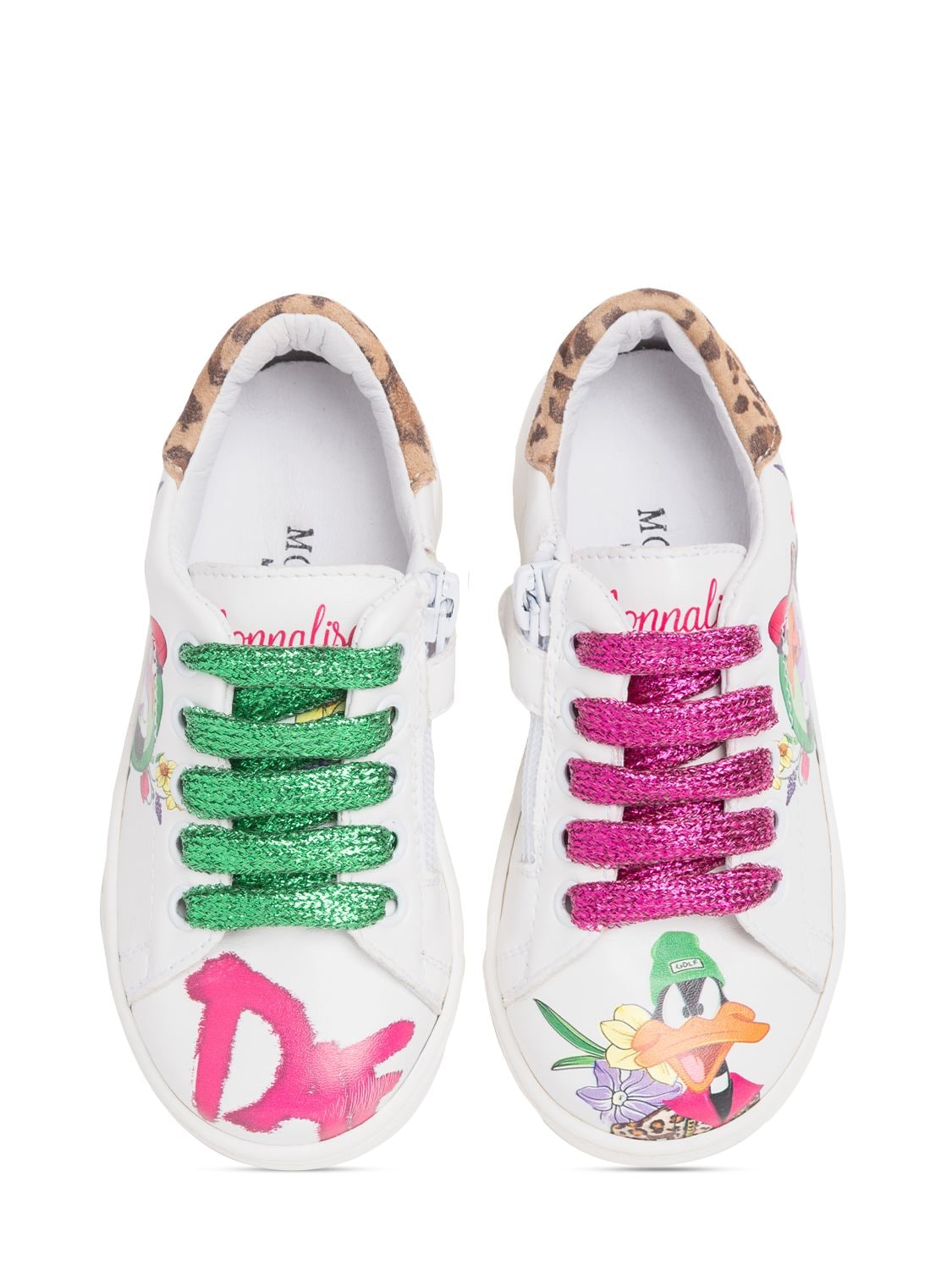 Shop Monnalisa Duffy Duck Print Leather Sneakers In Multicolor