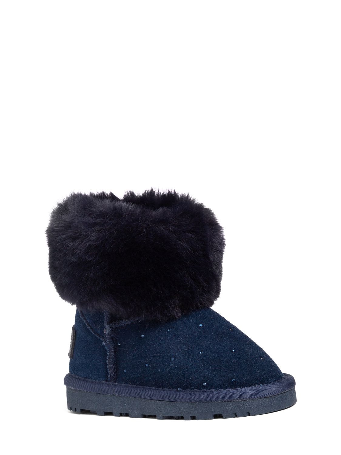 Shop Monnalisa Embellished Leather & Faux Fur Boots In Navy