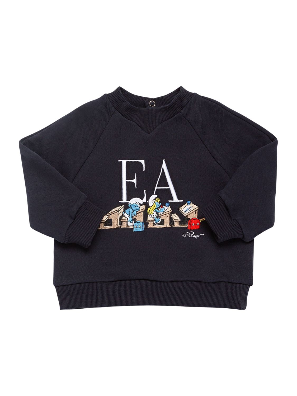 Emporio Armani Kids' Smurfs Embroidered Cotton Sweatshirt In Navy