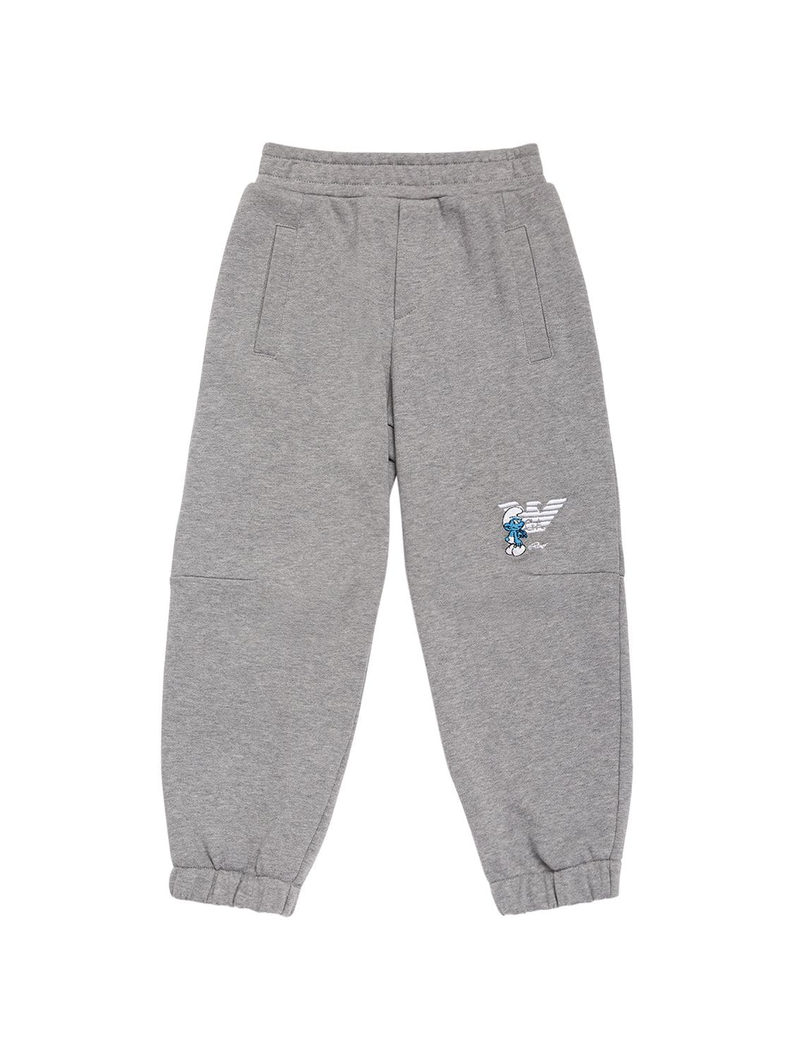 Emporio Armani Kids' Smurfs Embroidered Cotton Sweatpants In Grey