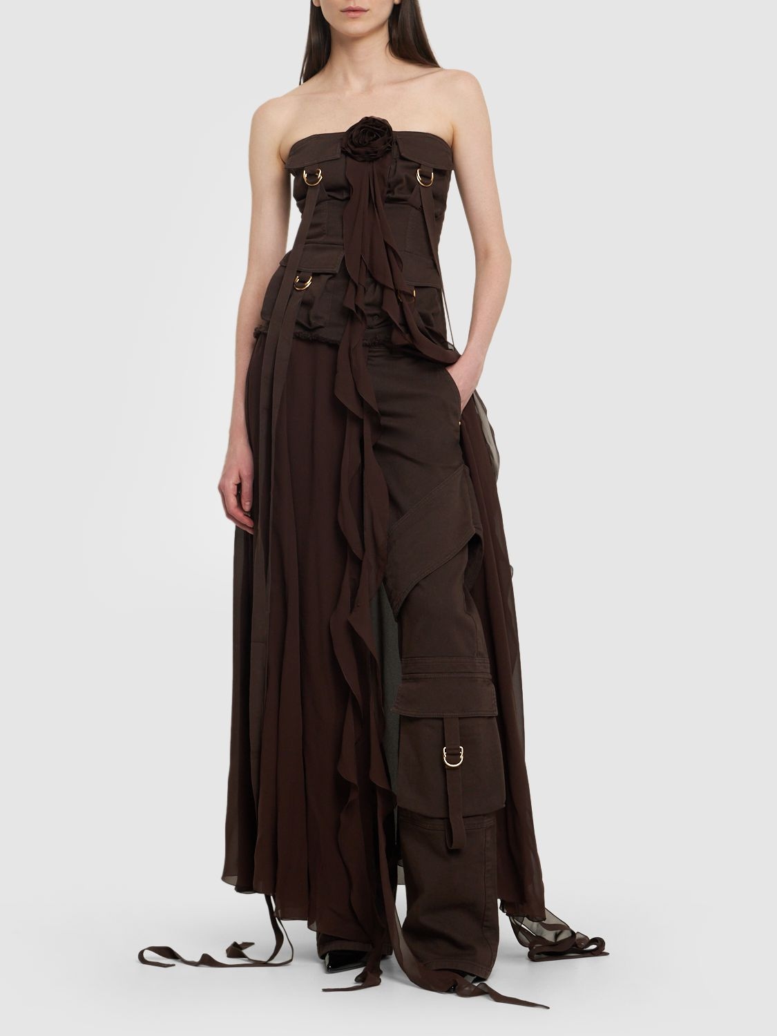 Shop Blumarine Lvr Exclusive Silk Georgette Long Dress In Brown