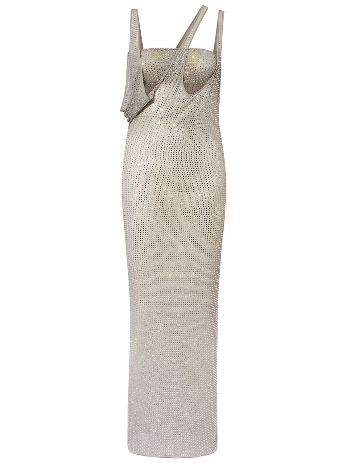 Attico Sheer Jersey Midi Dress W/ Crystals In Light Grey