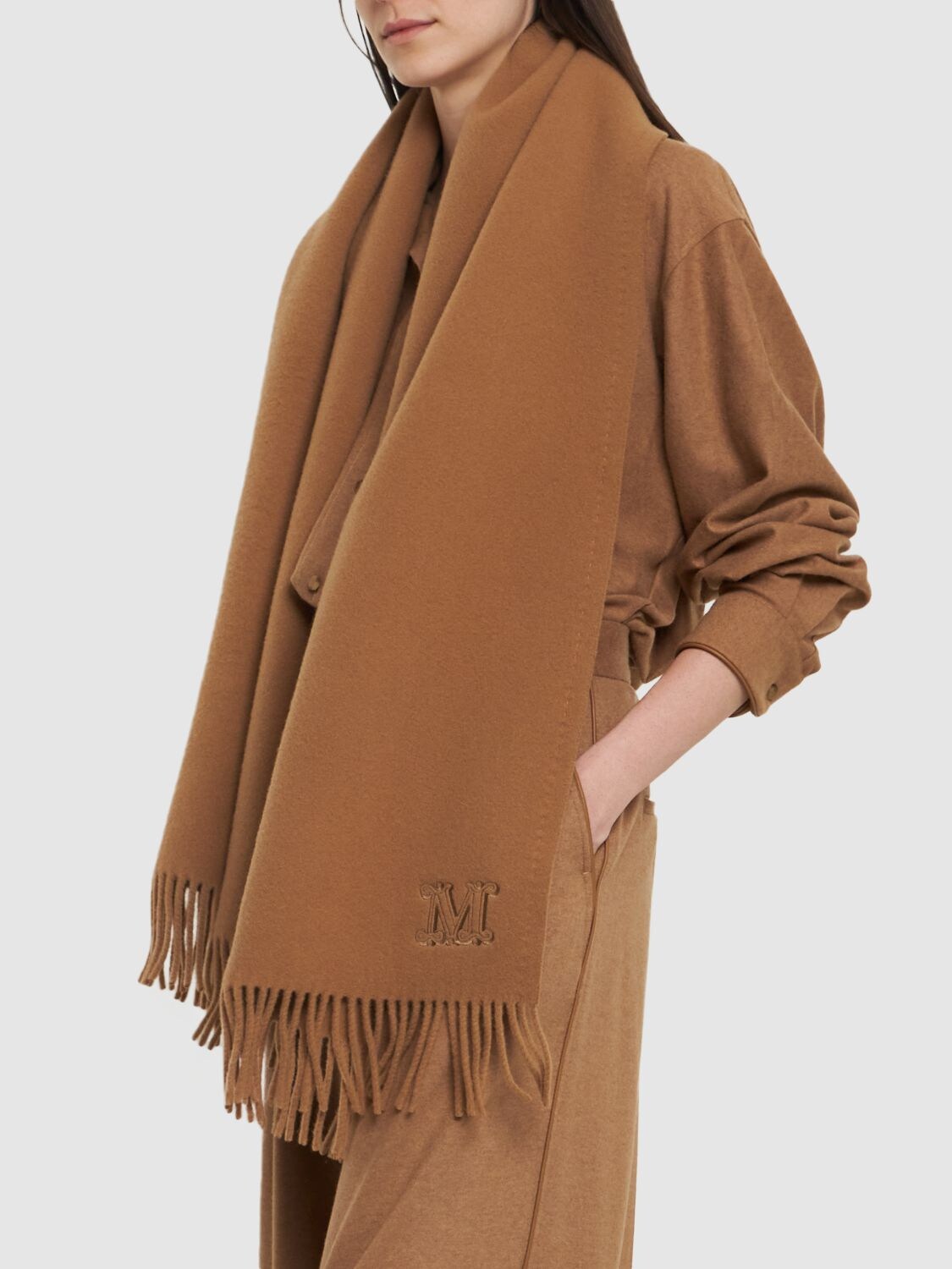 Shop Max Mara Lvr Exclusive Embroidered Wool Scarf In Camel