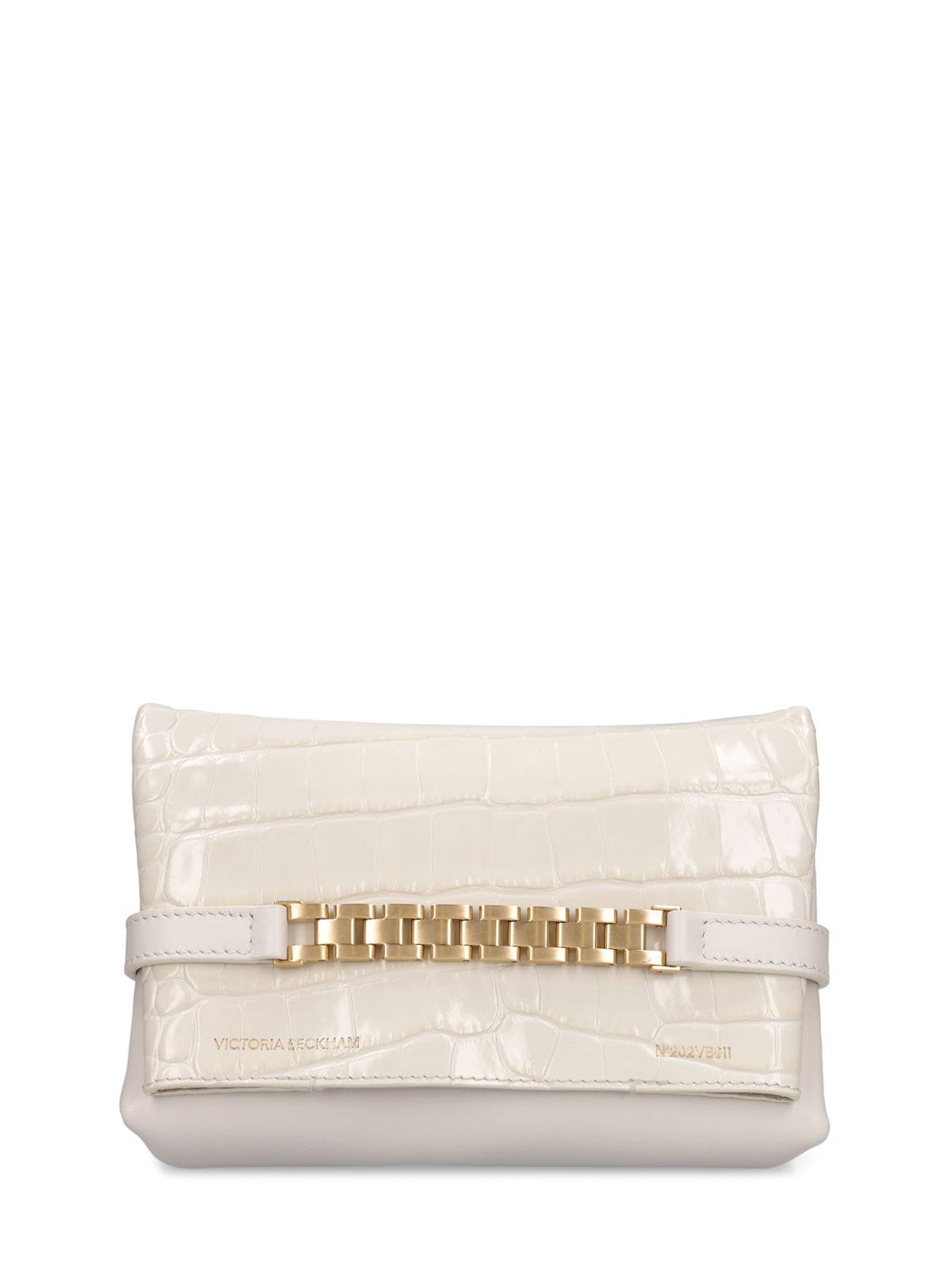 Victoria Beckham Lvr Exclusive Croc Embossed Chain Pouch In Ivory