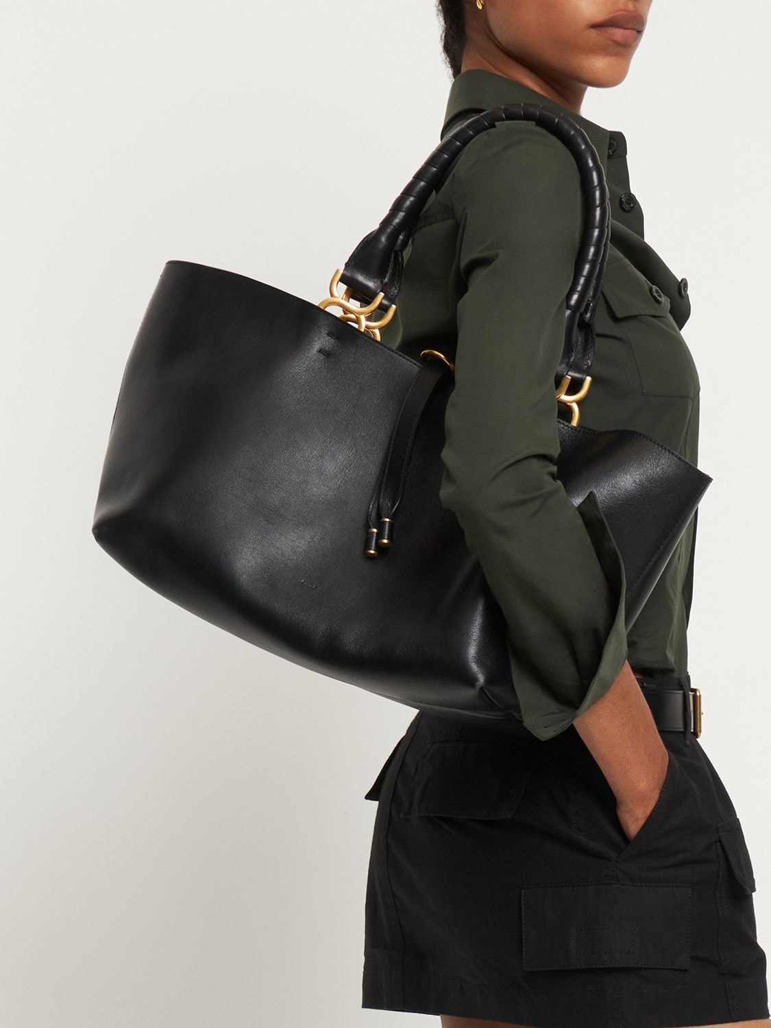 Shop Chloé Small Marcie Tote Leather Bag In Black
