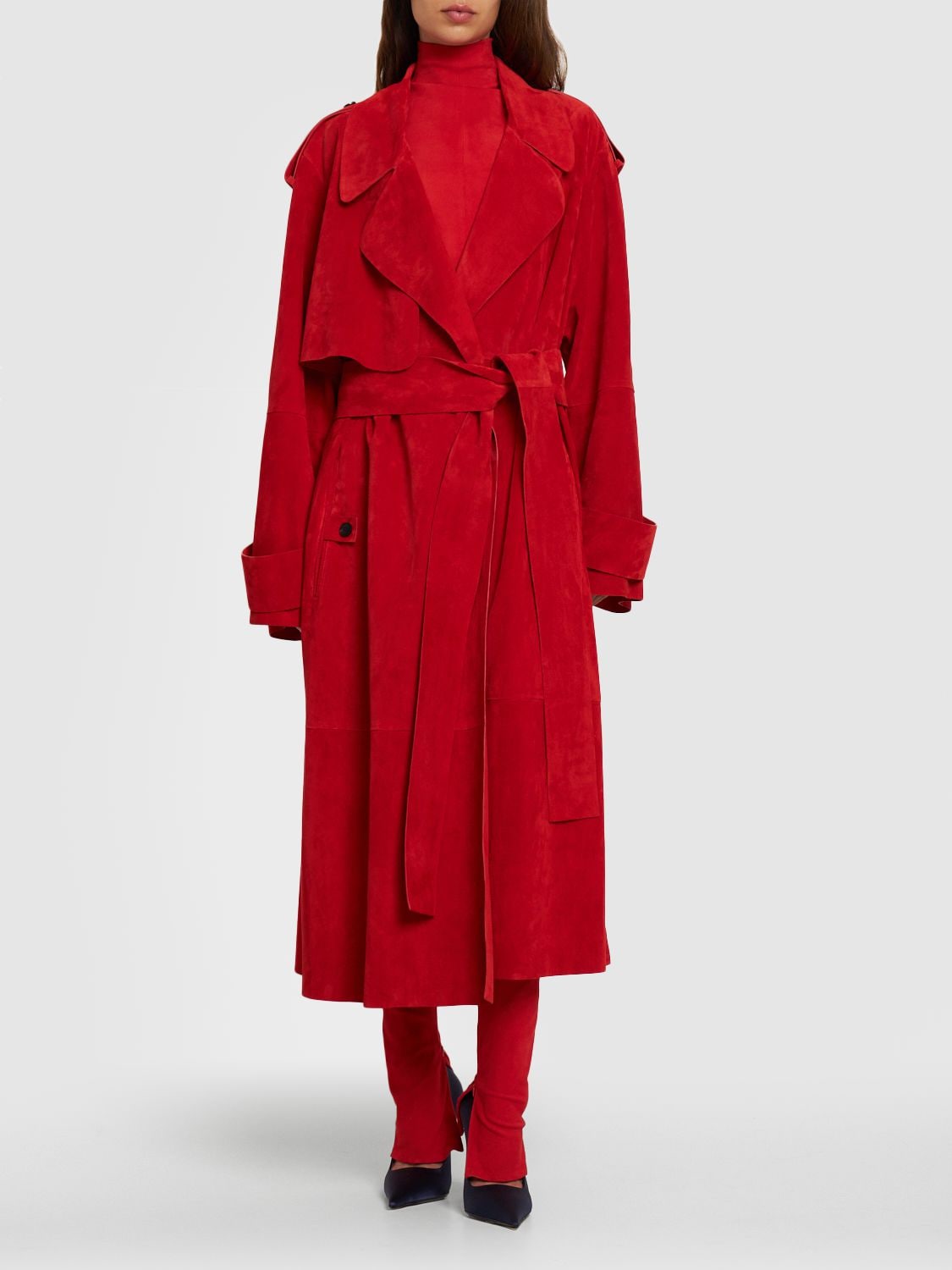 Shop Ferragamo Lvr Exclusive Suede Belted Trench Coat In Red